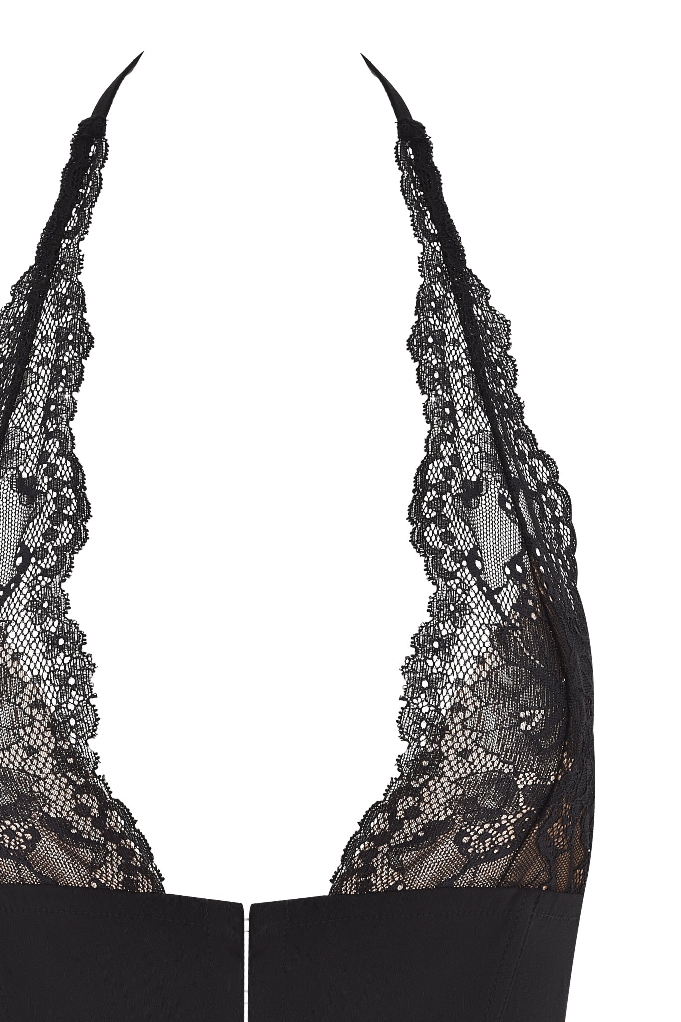 Close-up of I.AM.GIA’s ELLENA WOVEN LACE HALTER CORSET, showcasing its black sheer floral lace halter neckline, lace bust cups, and a deep V-shaped center cutout.