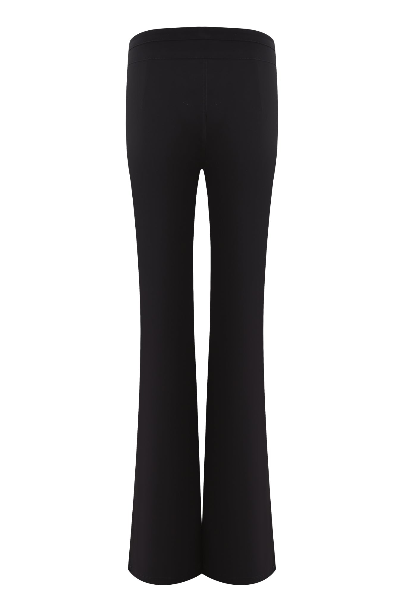 Back view of the I.AM.GIA ELLENA 2.0 Curved Waist Zipper Pant: black, high-waisted flared pants with smooth fabric, shown against a white background.