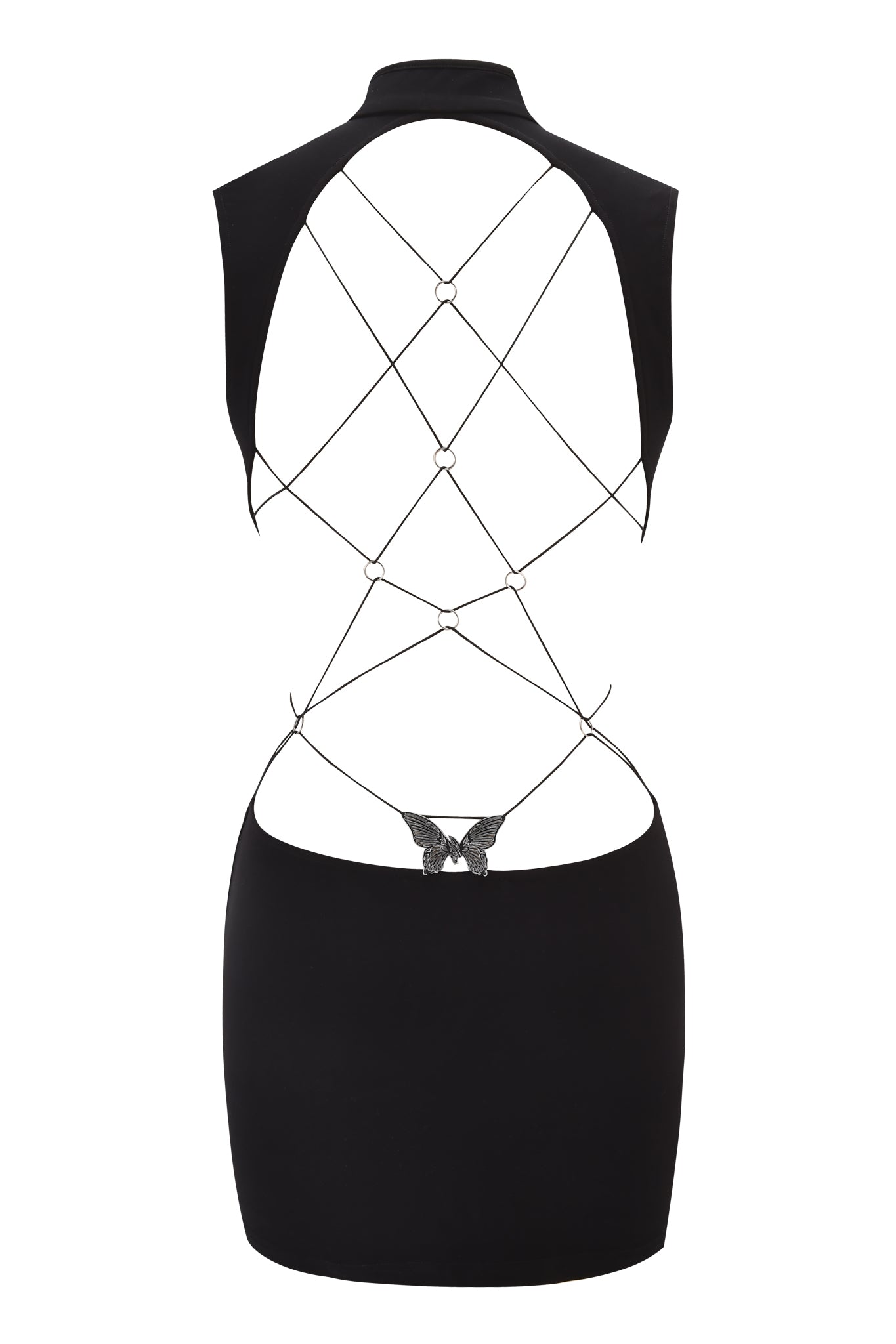 Introducing the LARISA BACKLESS STRAP MINI DRESS - BLACK by I.AM.GIA: a striking black mini dress with an open back, crisscross thin straps, circular metal rings, and a butterfly accent at the lower back.