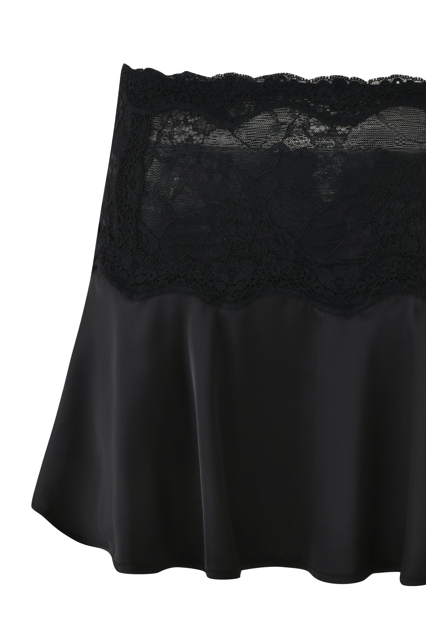 The ASHLING MINI SKIRT by I.AM.GIA features a black satin finish with a wide floral lace waistband on top, blending chic elegance with sleek mini skirt styling—perfect for an elevated, low-rise look.