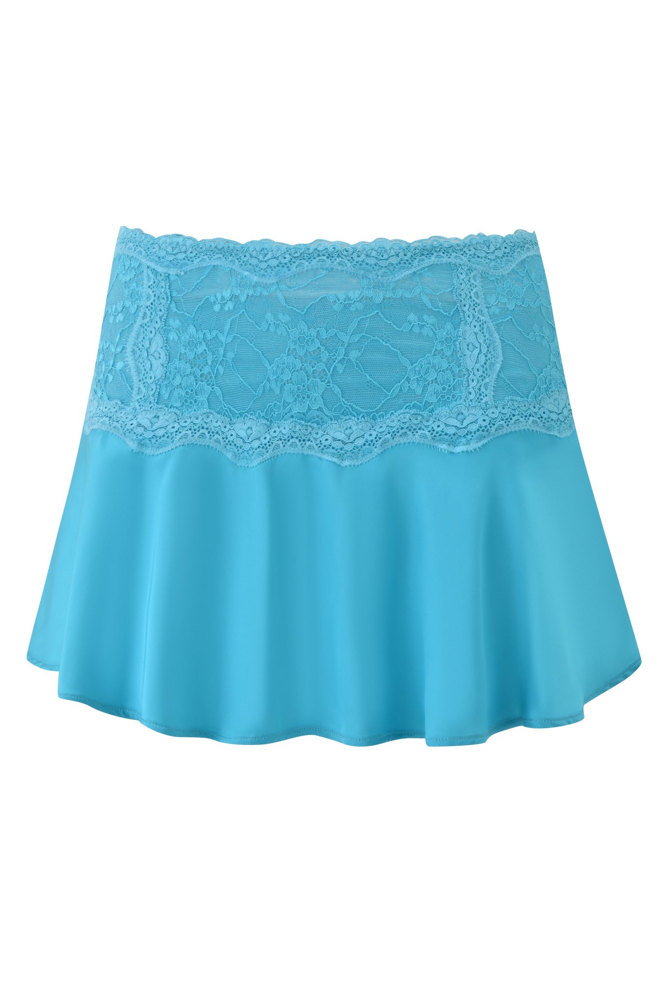 The ASHLING MINI SKIRT by I.AM.GIA is a teal blue satin mini A-line skirt with a flared hem and wide floral lace band at the top.