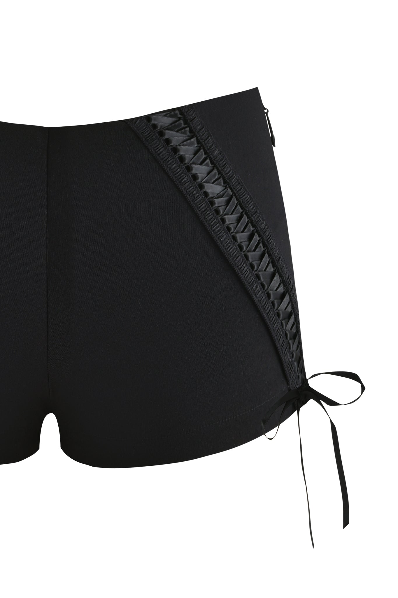 The SAMIRA SHORT - BLACK by I.AM.GIA is a high-waisted, bodycon fit lace-up short with decorative lace and ribbon trim on the side ending in a bow, crafted from smooth fabric for a sleek look.