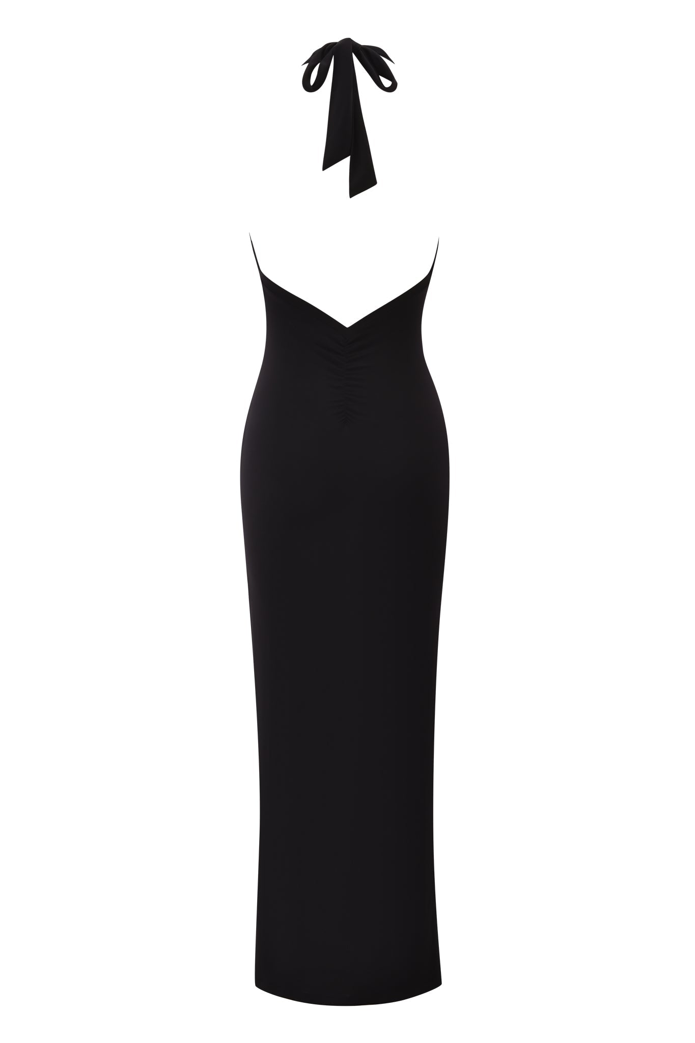 The I.AM.GIA ZIVA PLUNGE TIE MAXI DRESS in black is a sleek, form-fitting, sleeveless halter neck maxi with a plunging neckline and bow tie detail at the back, shown against a white background.