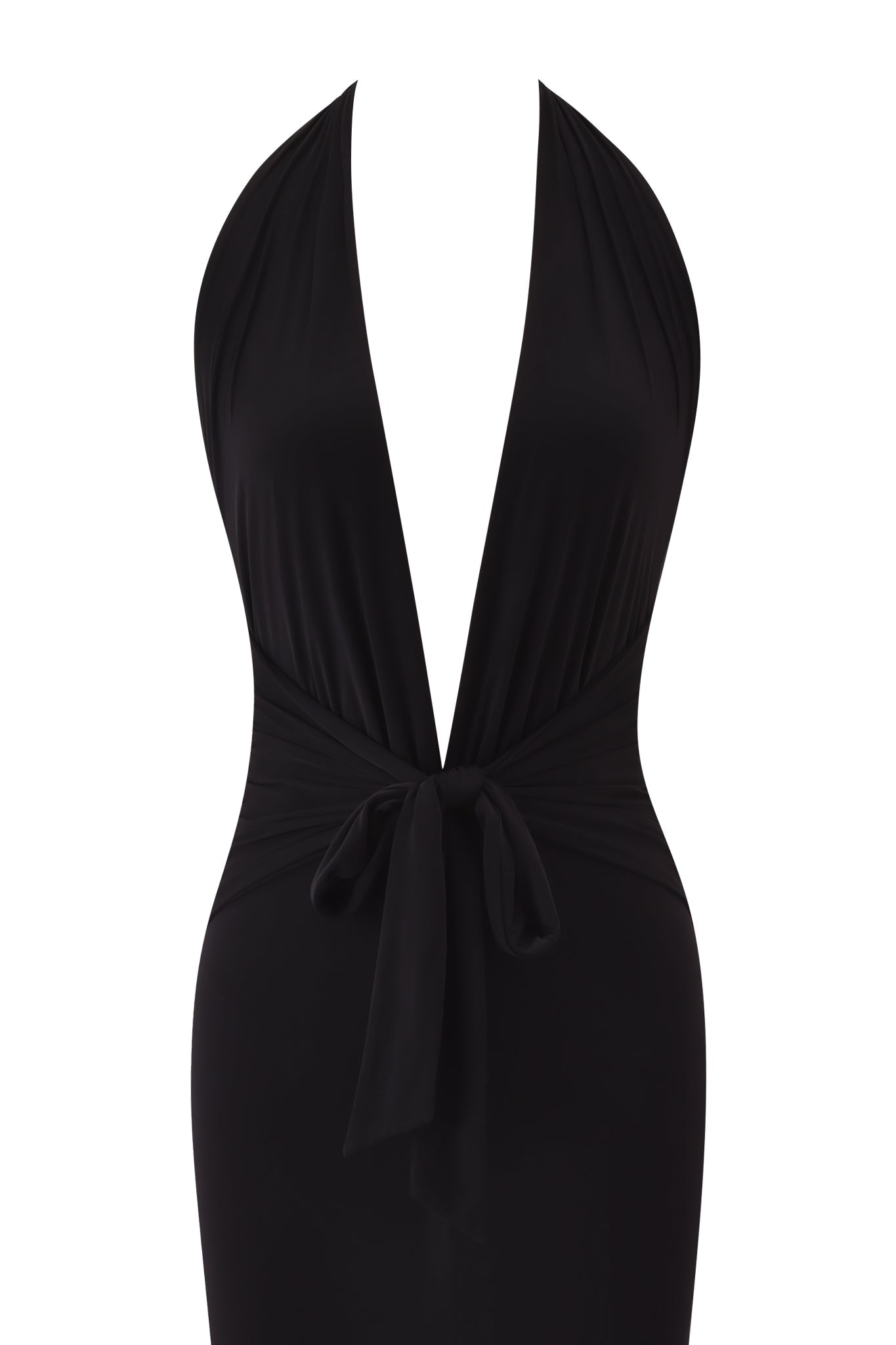 The I.AM.GIA ZIVA PLUNGE TIE MAXI DRESS in black features a plunging V neckline, sleeveless halter design, tied waist sash, and bodycon fit, shown on a white background.