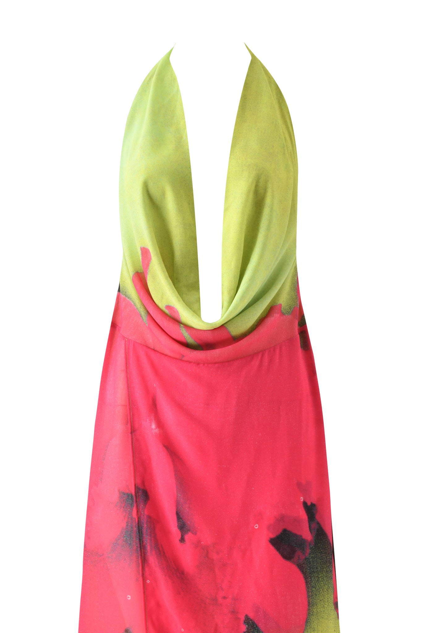 The I.AM.GIA SAMANTHA MAXI DRESS - ORCHID PRINT is a sleeveless halter neck dress with a deep plunging neckline and a gradient from green to vibrant red, finished with dark abstract patterns on the skirt.