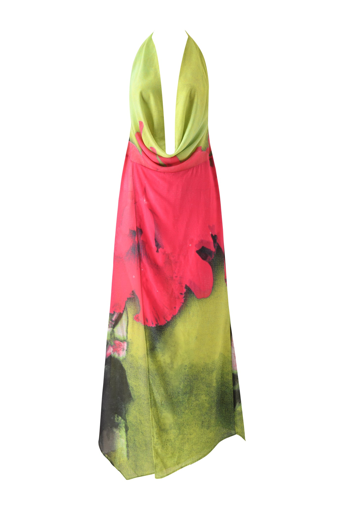 The I.AM.GIA SAMANTHA MAXI DRESS - ORCHID PRINT is a sleeveless halter maxi with a plunging cowl neck, flowing skirt, and bold green, red, and black abstract floral print for a striking statement look.