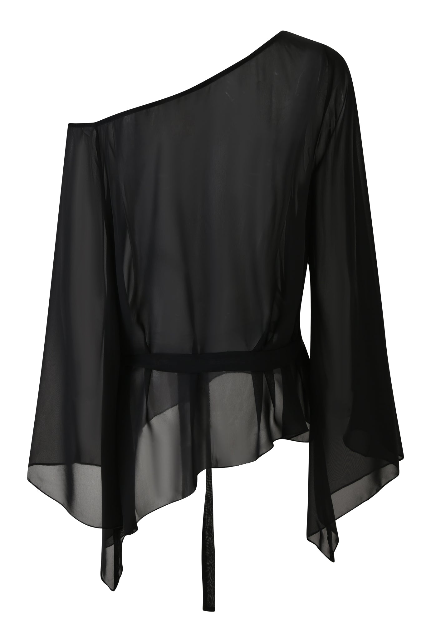 The I.AM.GIA MALINA LONG SLEEVE PONCHO TOP is a black sheer, asymmetrical top featuring a single off-the-shoulder neckline, long bell sleeves, and waist tie, shown on a white background.