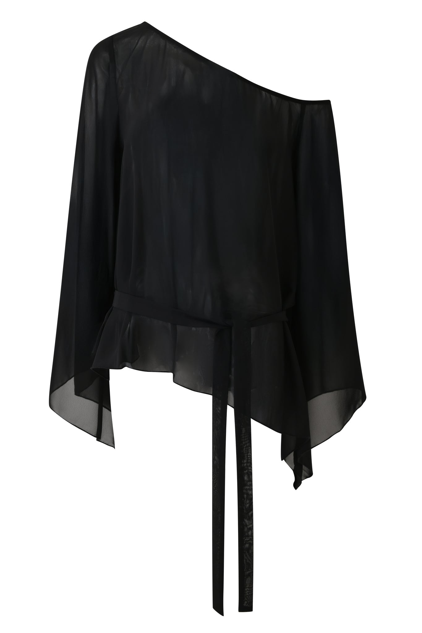 The MALINA LONG SLEEVE PONCHO TOP by I.AM.GIA is a sheer black top featuring an asymmetrical, off-shoulder design with long bell sleeves, a loose fit, belted waist, and ruffled uneven hem.