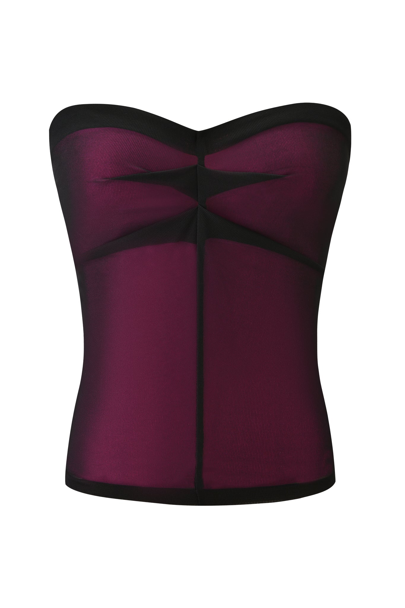 The I.AM.GIA AVARIX HOSIERY LAYERED BOOB TUBE in plum is a strapless corset top with black trim and geometric mesh accents, featuring a flattering bodycon fit, shown against a white background.