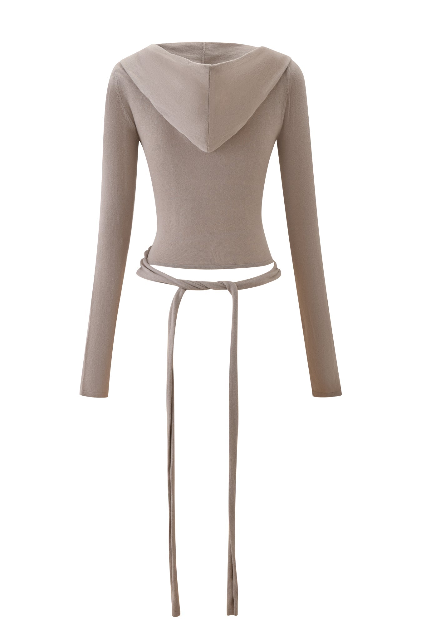 Back view of the I.AM.GIA IRINA KNIT TOP in beige, a fitted hooded wrap top with long sleeves and extended waist tie strings.