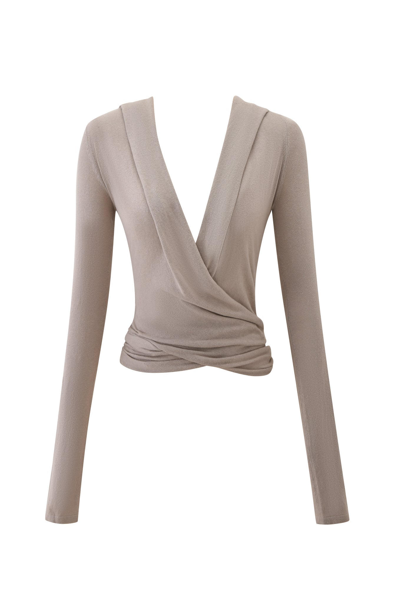 The IRINA KNIT TOP by I.AM.GIA is a beige, long-sleeve hooded wrap top with a deep V-neckline and a gathered, fitted waist.