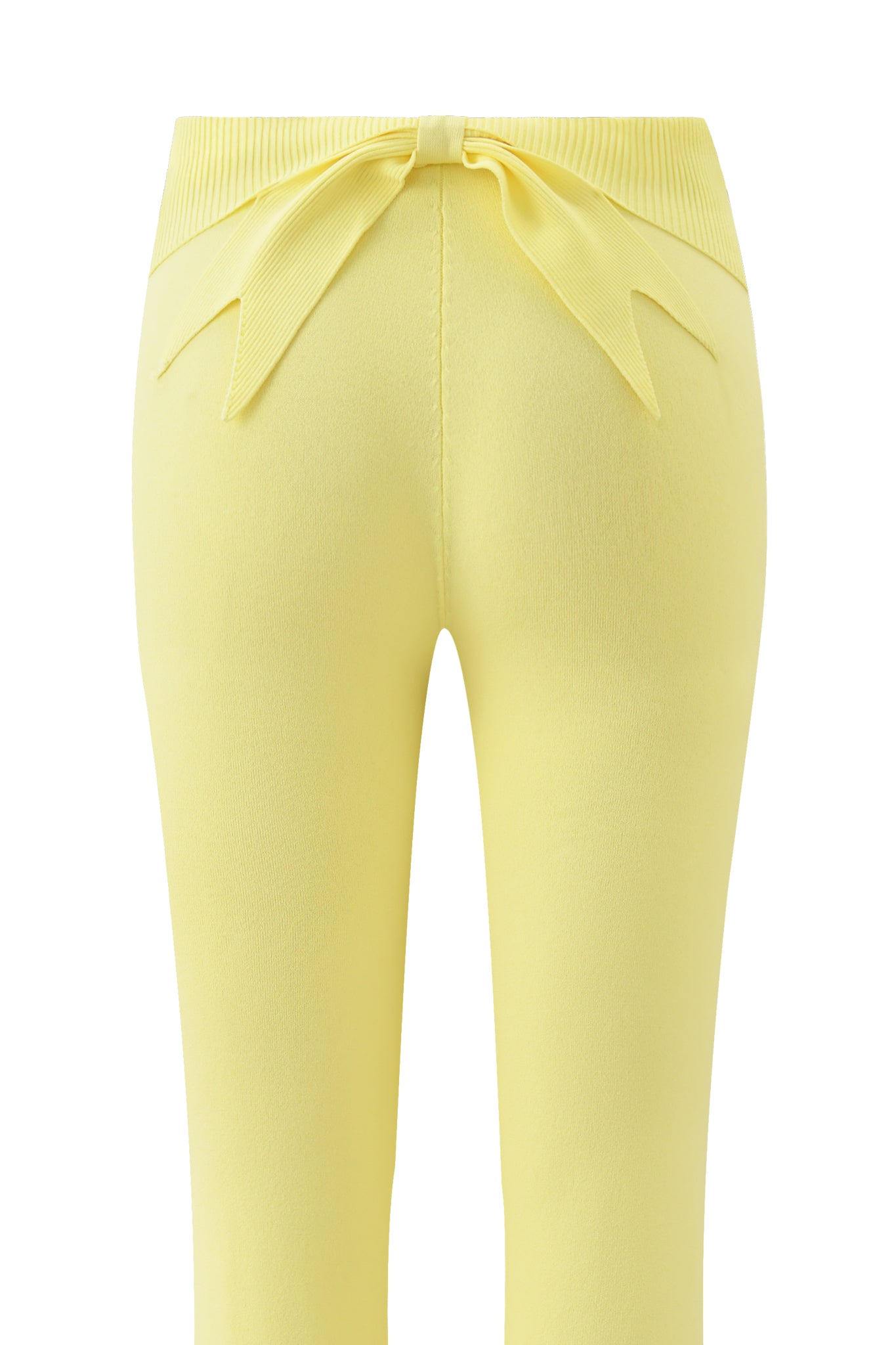Close-up of the back of the I.AM.GIA MORGANA 2.0 PANT in baby yellow, a knit pant featuring a decorative waistband bow, two angled pockets below, and a flared leg.