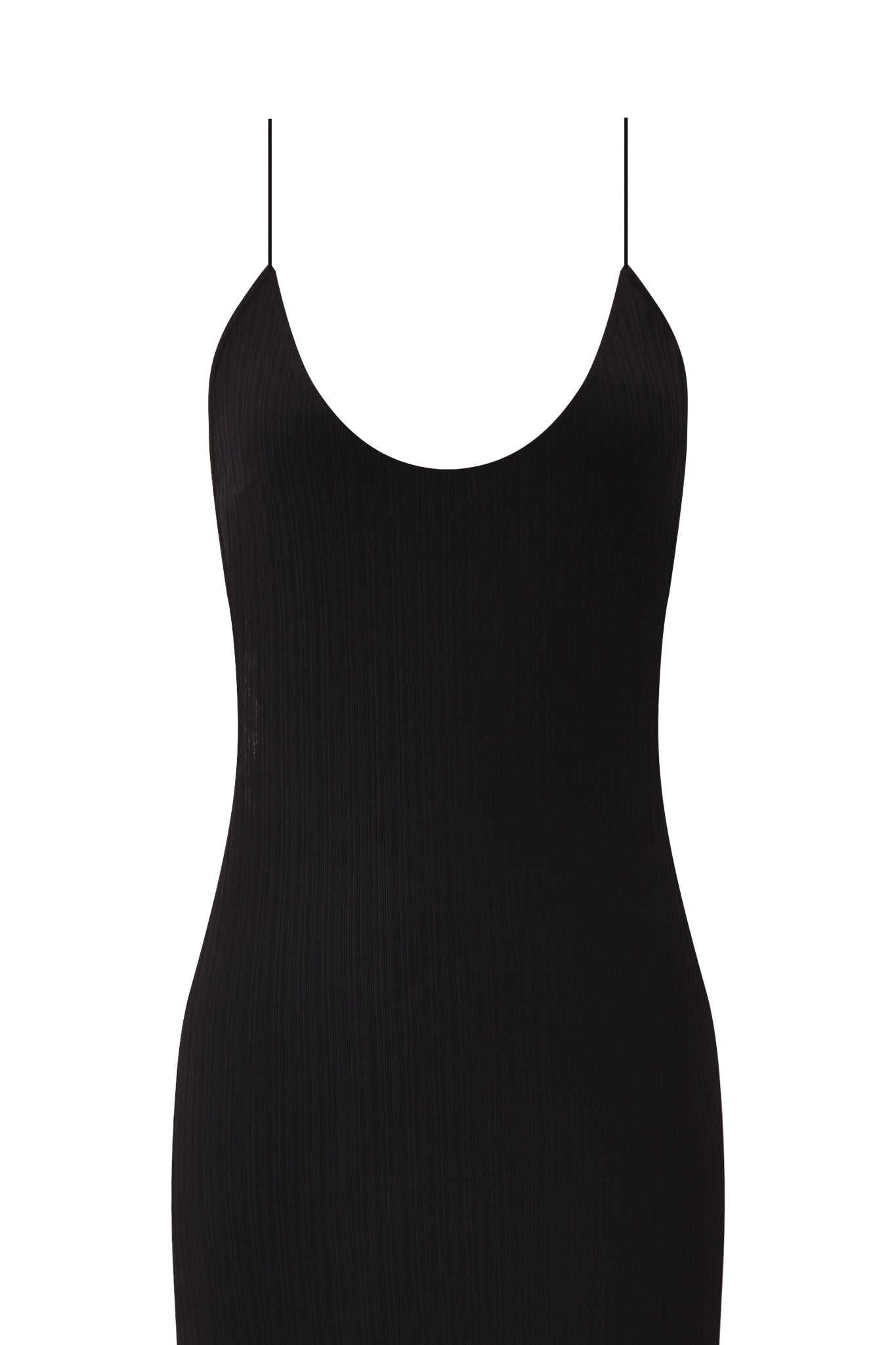The SIMONE MAXI DRESS - BLACK by I.AM.GIA is a ribbed black maxi dress with thin spaghetti straps, a scoop neckline, and a low back, displayed against a white background.