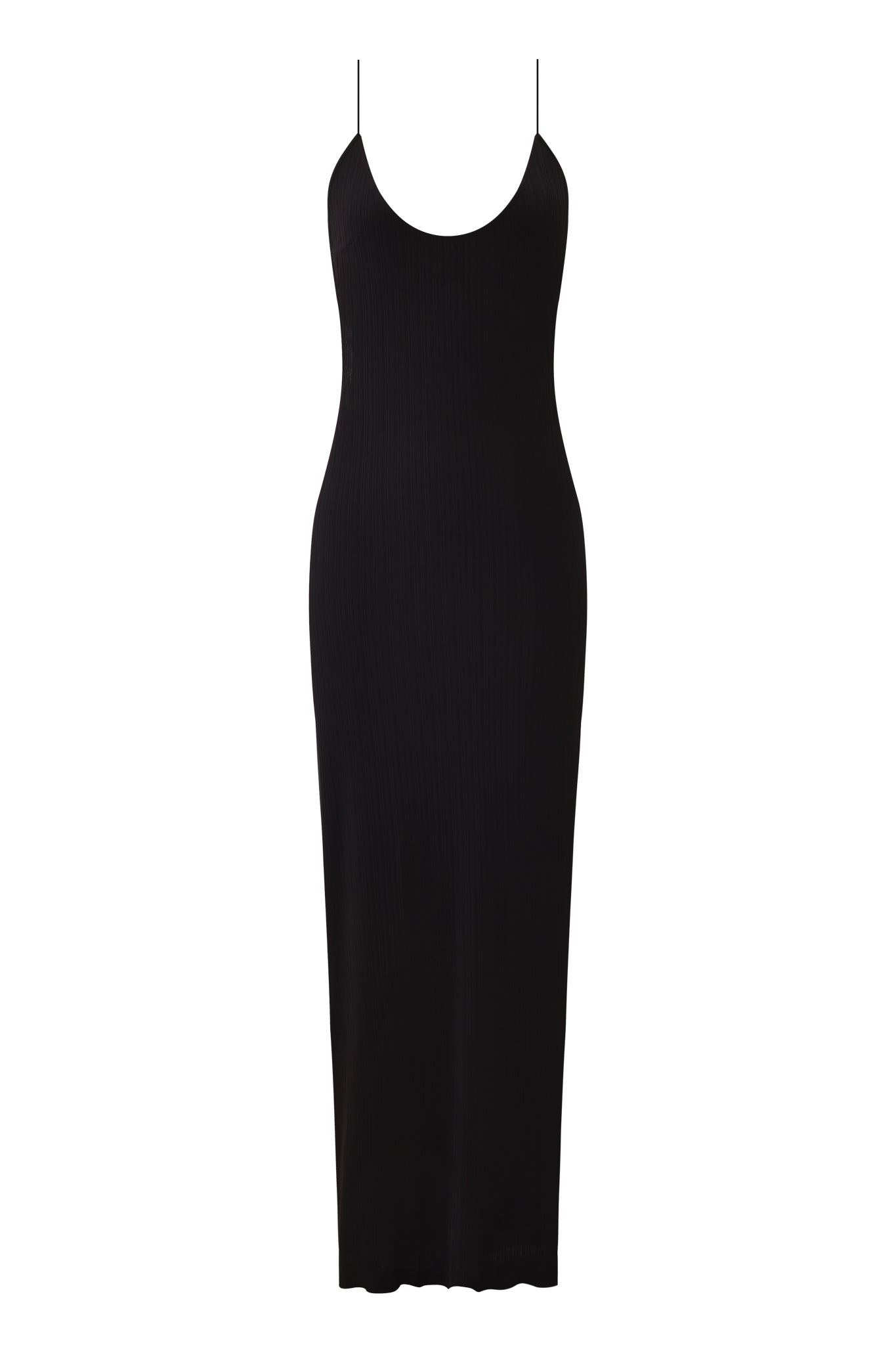The I.AM.GIA SIMONE MAXI DRESS - BLACK is a sleeveless, fitted black maxi dress with thin spaghetti straps, a scoop neckline, and a striking low back, shown against a white background.