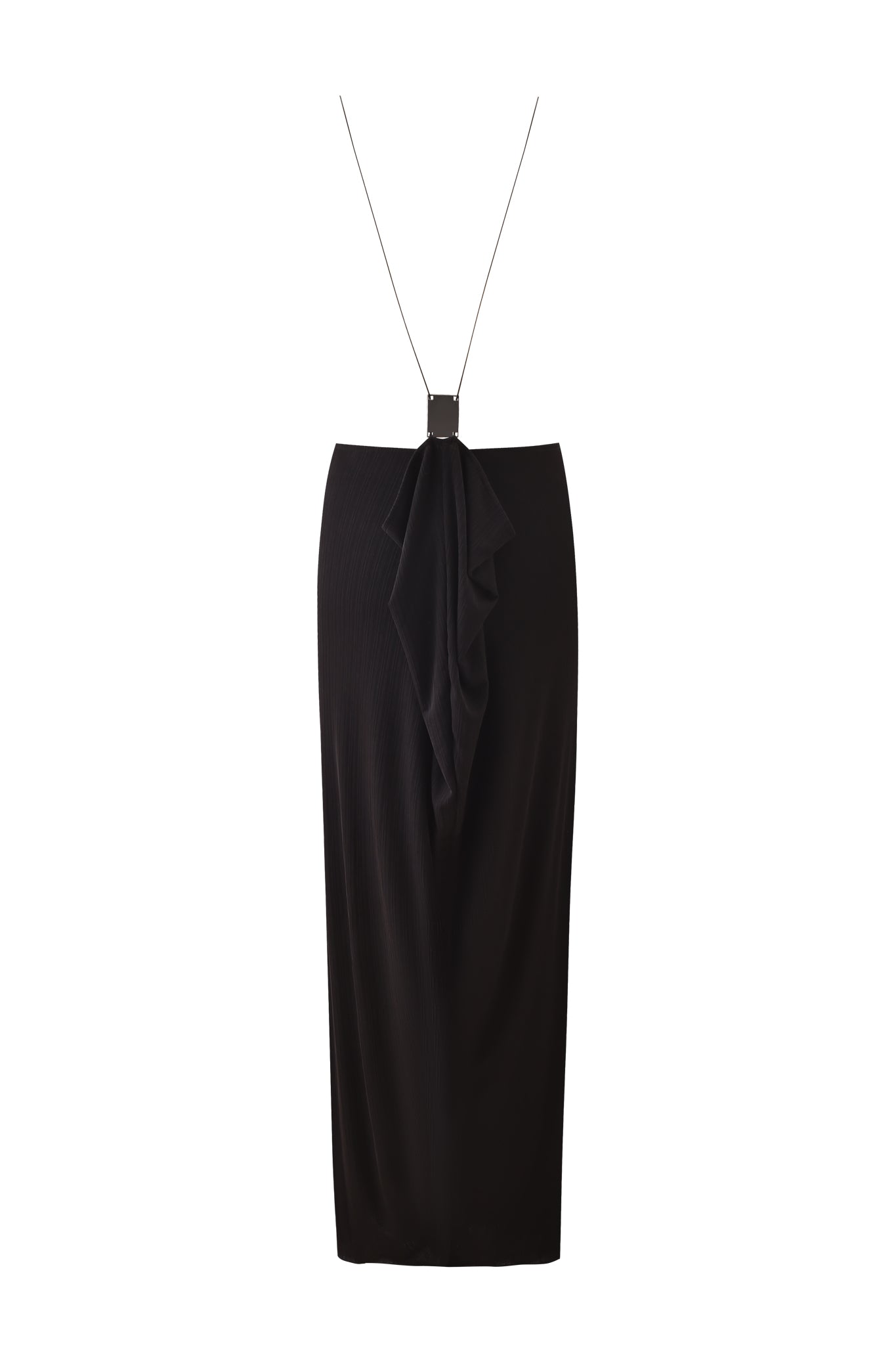 The SIMONE MAXI DRESS by I.AM.GIA features a high waist, draped front, and thin silver chain straps joining at a central embellishment, creating an elegant and striking black maxi dress.