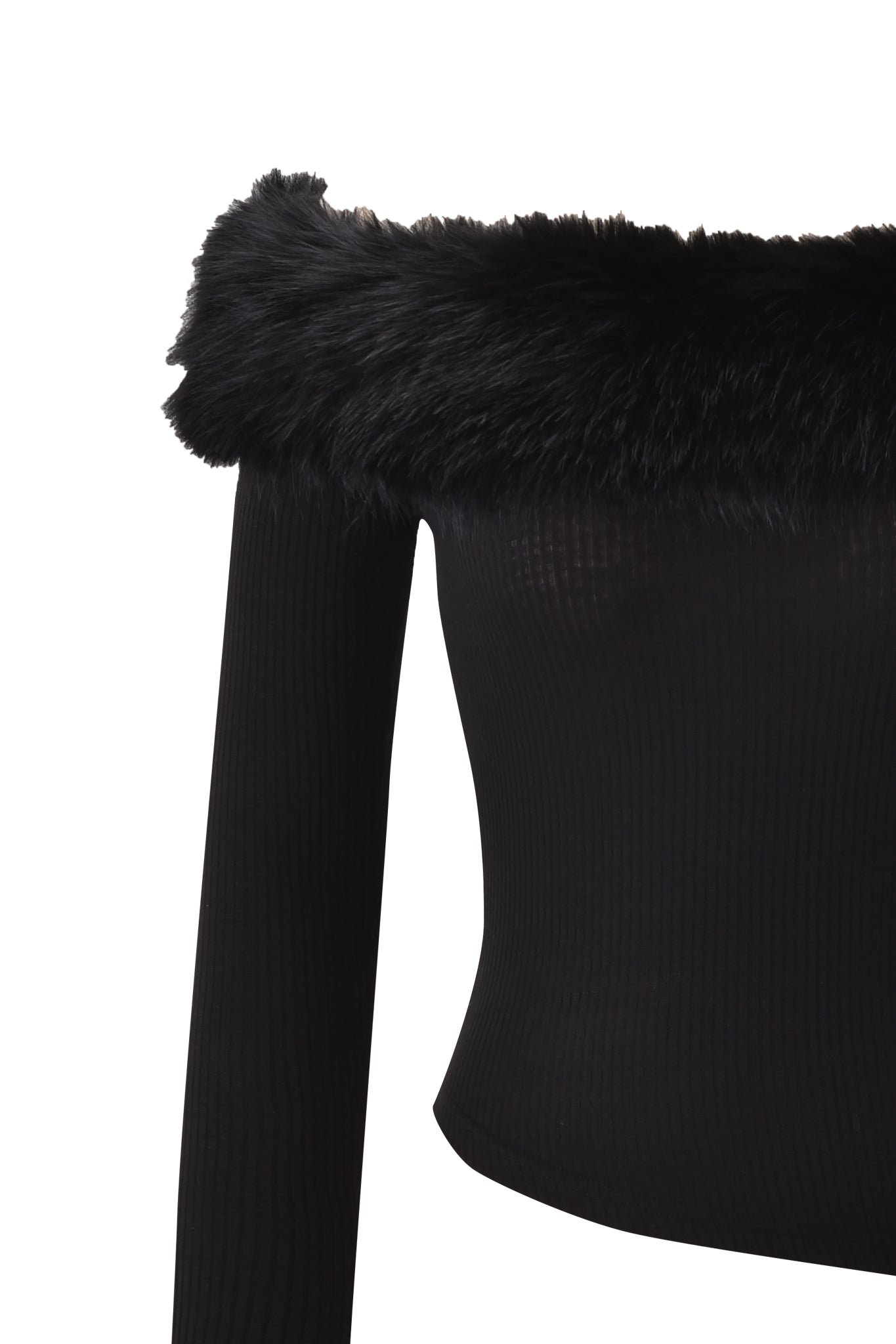 The CECILY TOP - BLACK by I.AM.GIA is a black ribbed off-shoulder long sleeve top with a removable faux fur collar trim, shown on a white background.