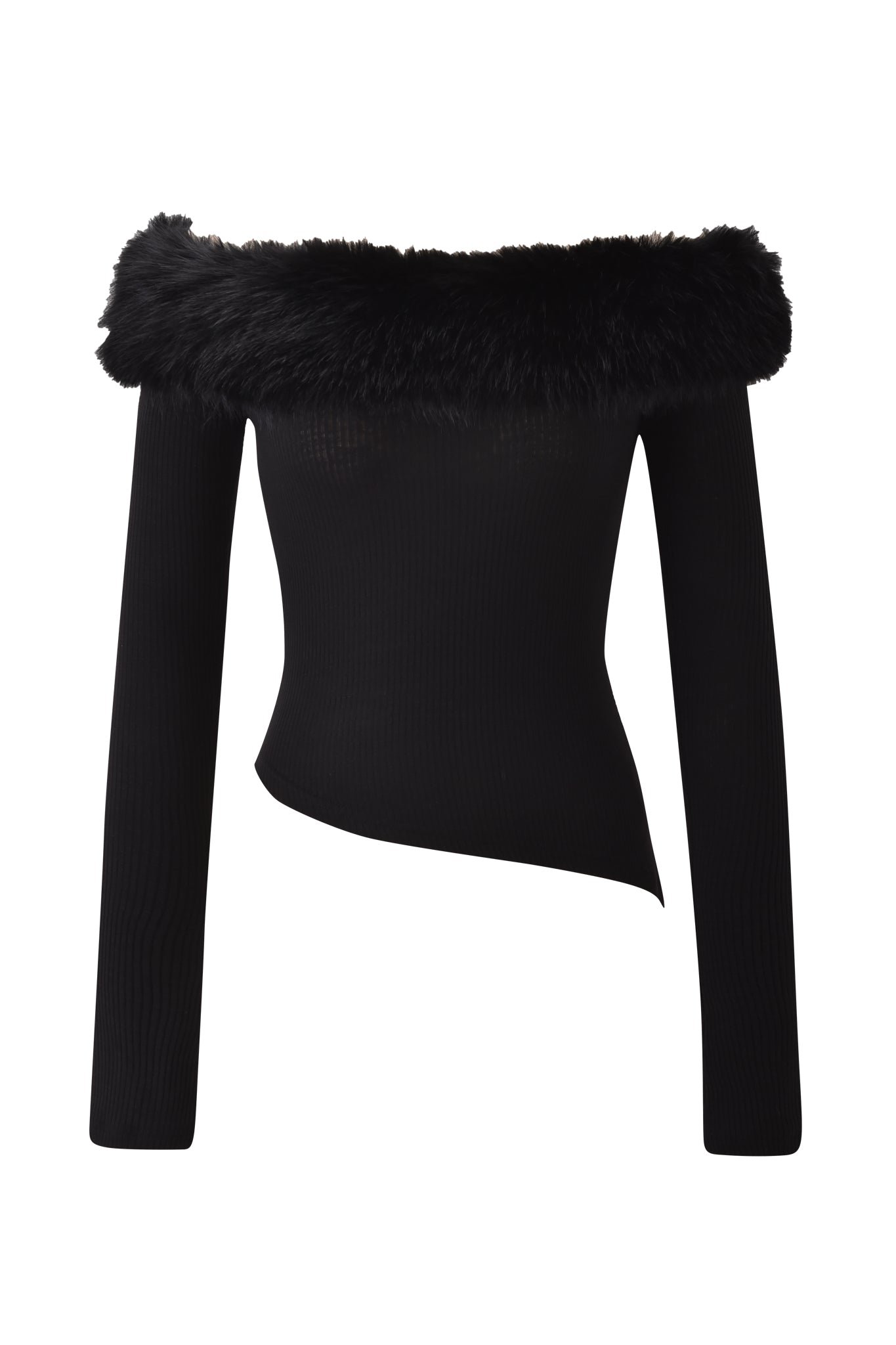 The CECILY TOP - BLACK by I.AM.GIA is a black, off-the-shoulder long sleeve top with a removable faux fur collar, wide neckline trim, and asymmetrical hem, shown on a plain white background.
