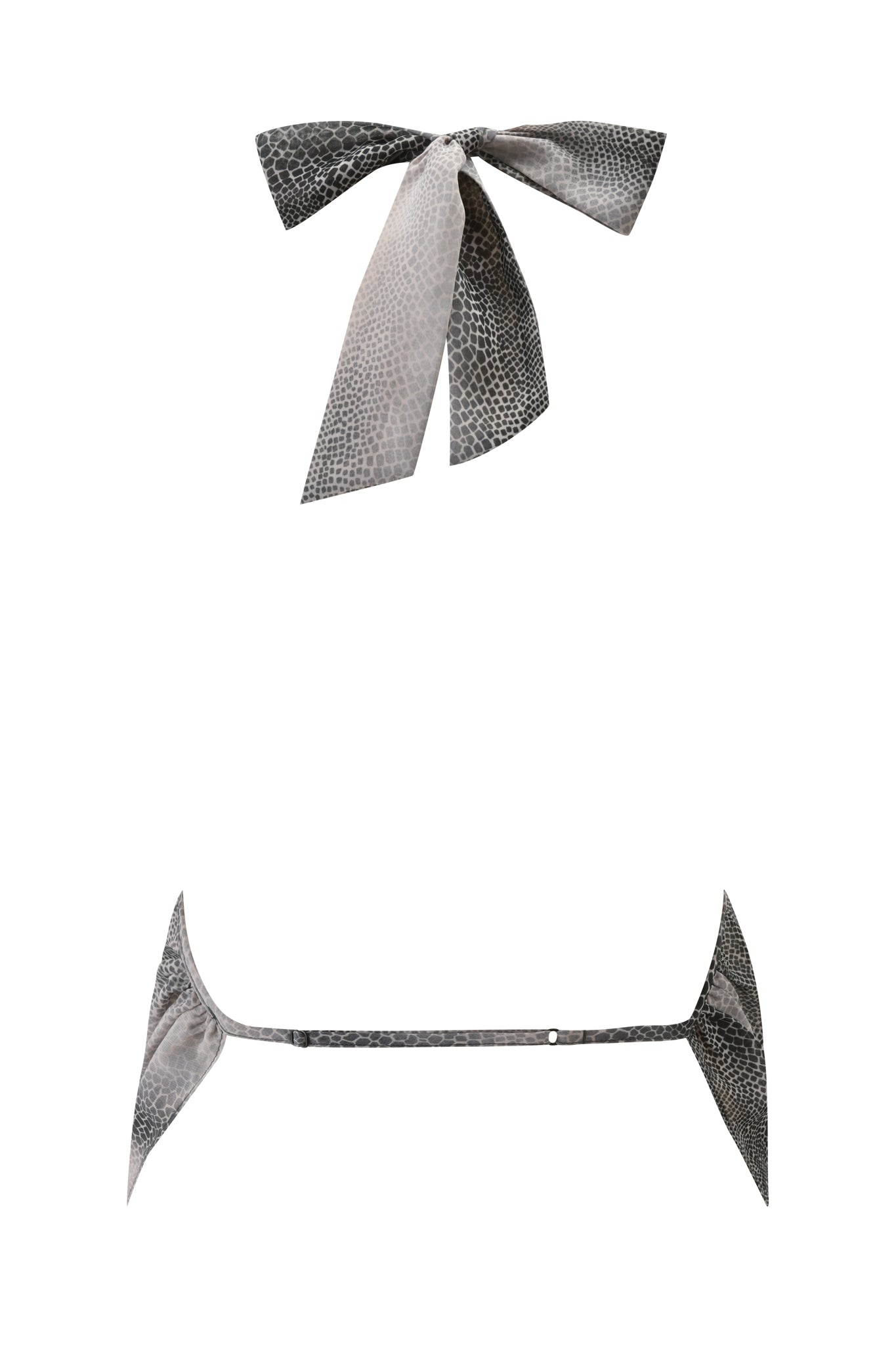The I.AM.GIA GRAYSON TOP - SERPICO is a stylish snakeskin-patterned bikini top with a bow tie, shown on a white background and paired with matching thin-strap bottoms featuring pointed ends.