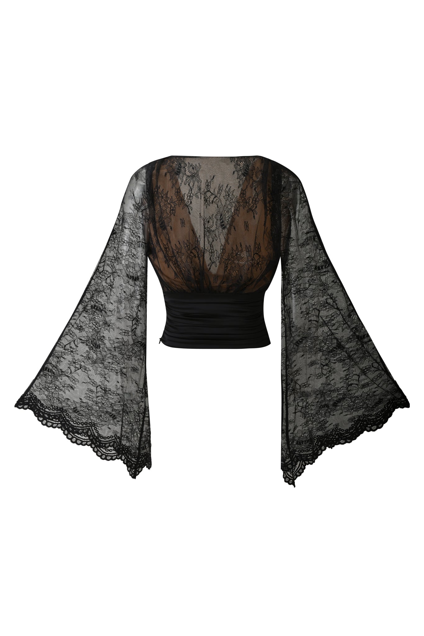 The STEVIE TOP - BLACK by I.AM.GIA is a sheer black lace blouse with wide bell sleeves, a deep V neckline, intricate lace patterns, and a fitted waist.