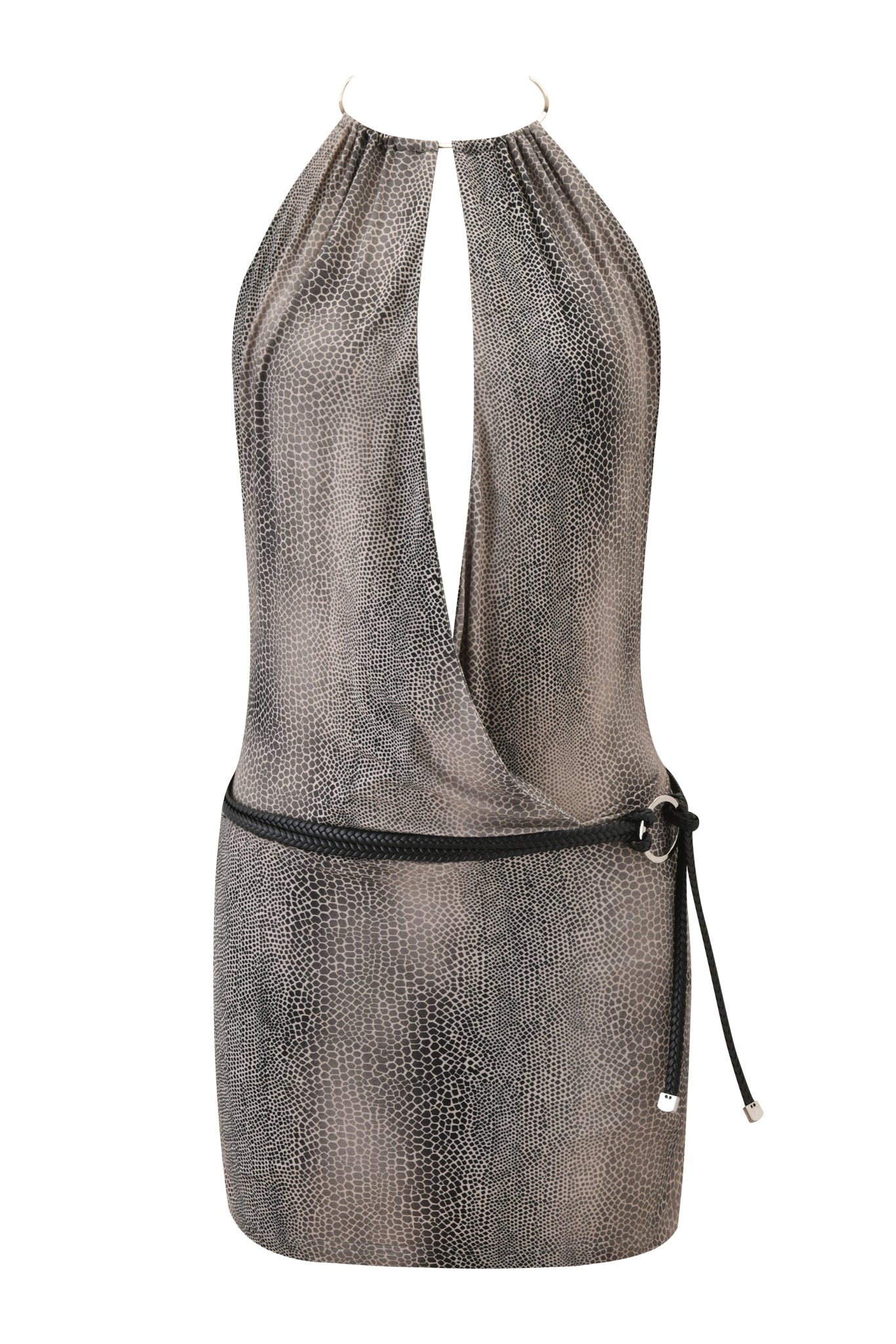 Exclusive to I.AM.GIA, the CHIVA MINI DRESS - SERPICO is a sleeveless snake print mini dress with a halter neckline, deep front cutout, and black cord belt at the waist.
