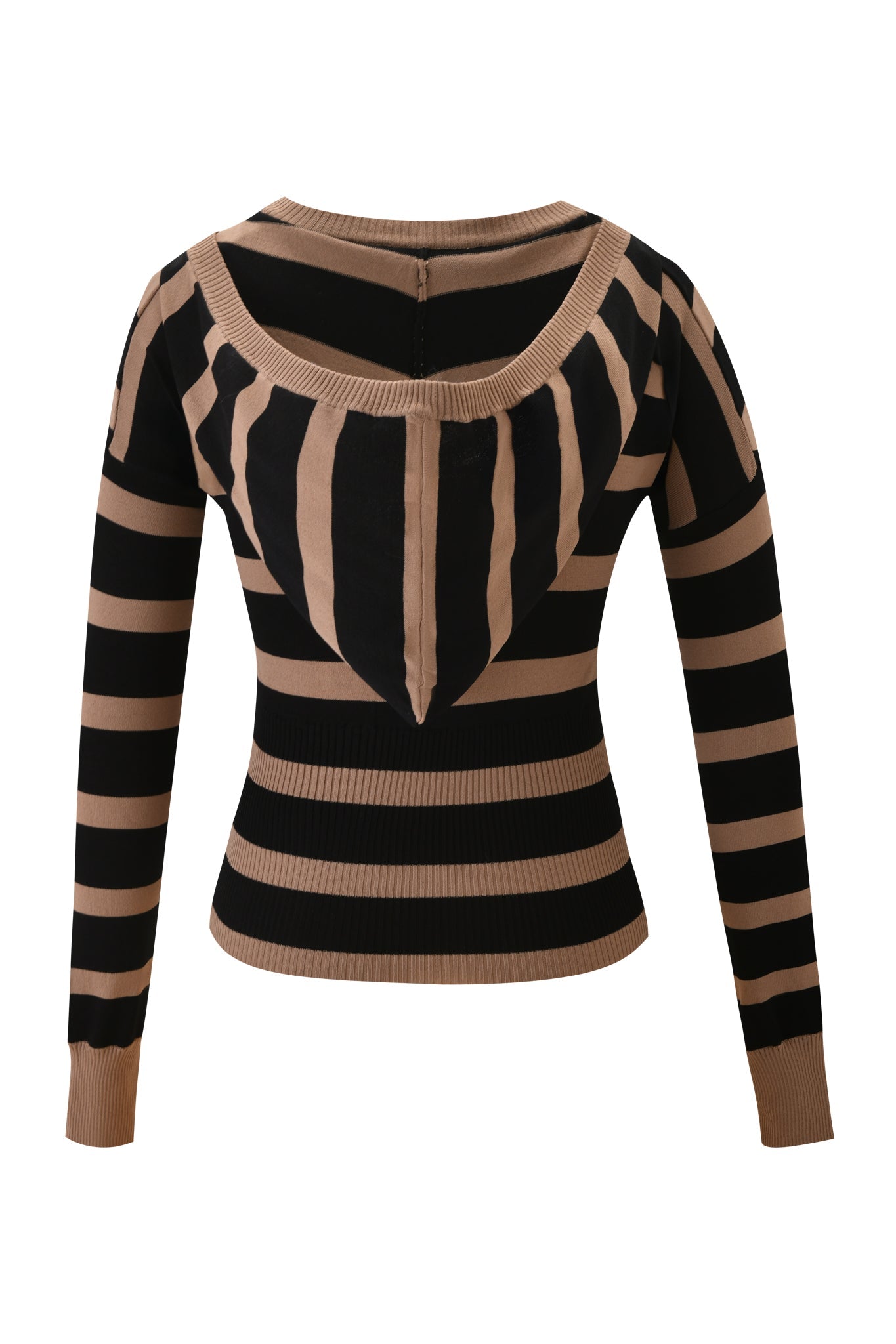 The SUZI SWEATER by I.AM.GIA features black and tan horizontal stripes on the sleeves and body, with bold V-shaped black and tan vertical stripes on the chest. Shown from the back.