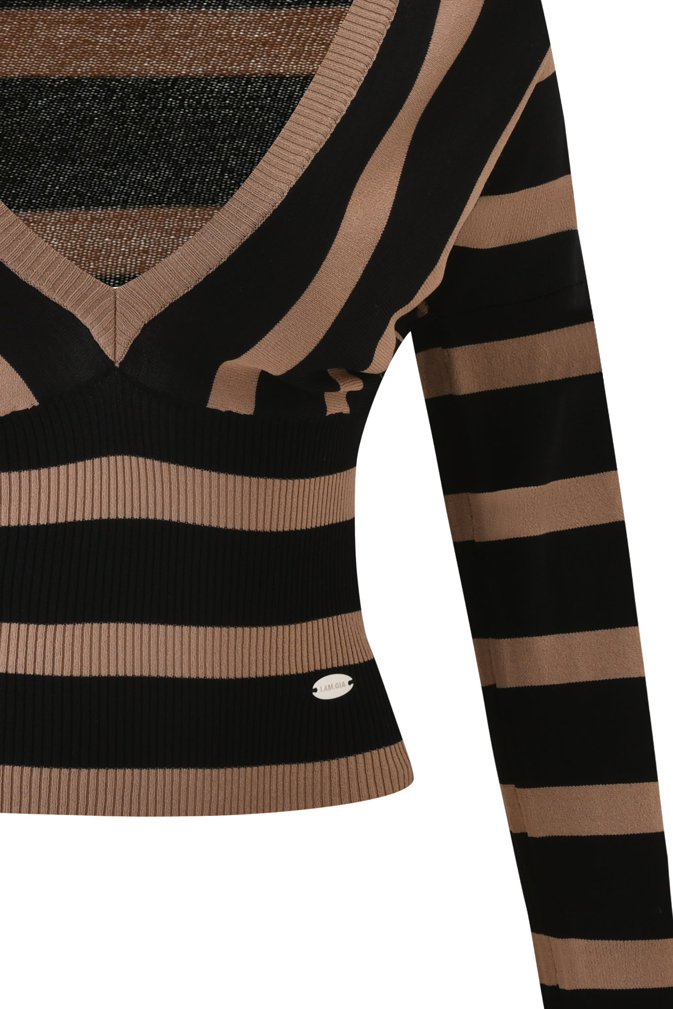 The SUZI SWEATER by I.AM.GIA features black and tan horizontal stripes, long sleeves, a V-neck, ribbed texture, and a small oval tag near the hem.
