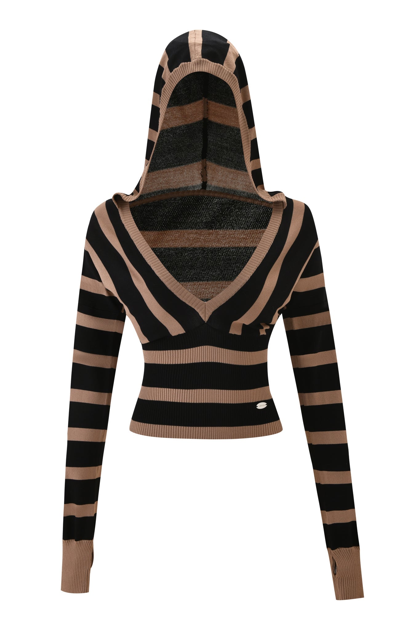The SUZI SWEATER by I.AM.GIA is a long-sleeve, bodycon cropped knit hoodie with black and tan stripes, deep V-neck, fitted silhouette, hood, and thumb holes for extra style.