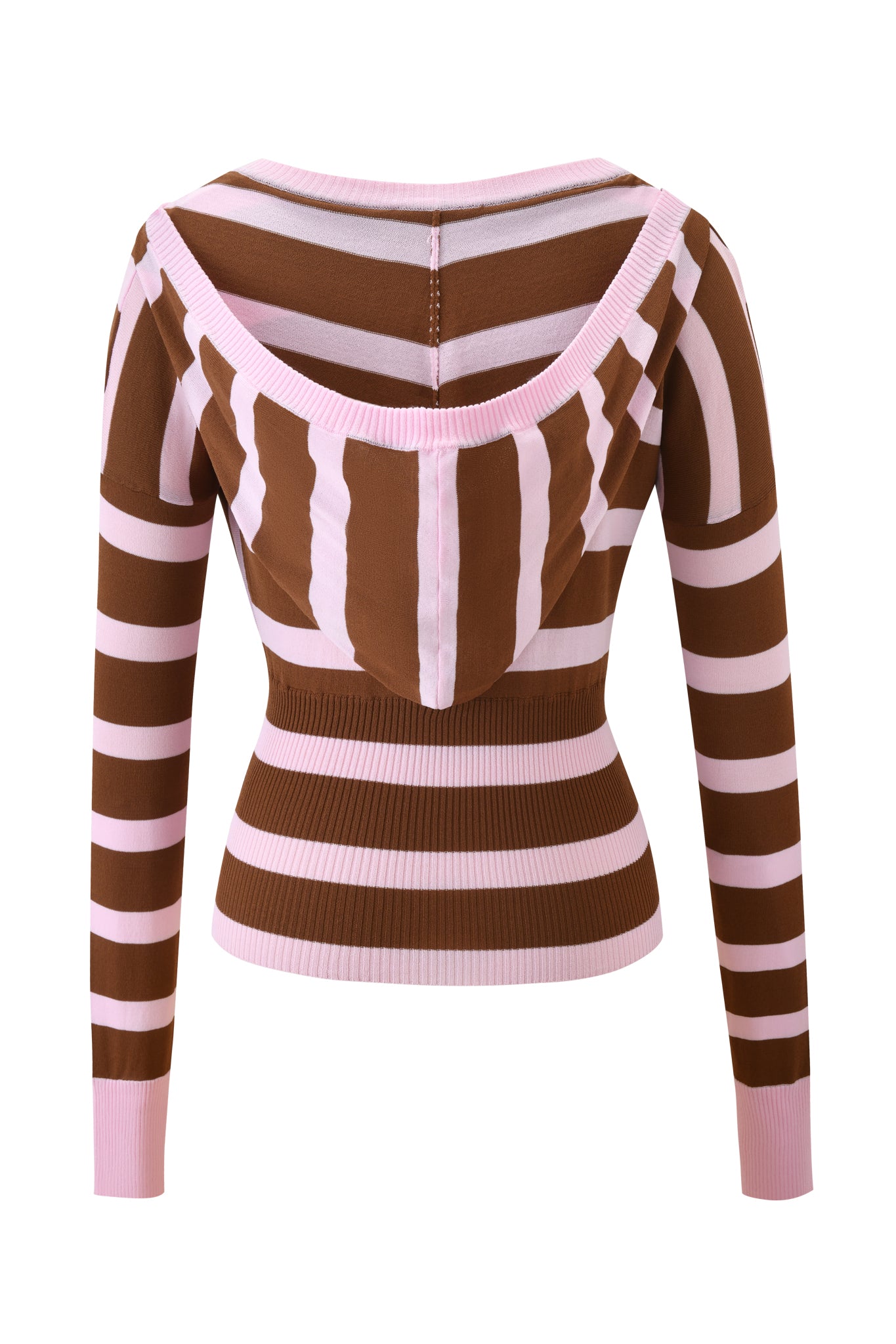 The SUZI SWEATER - PINK AND CHOCOLATE STRIPE by I.AM.GIA is a fitted, long-sleeved knit top with wide brown and pink stripes, ribbed cuffs and hem, scoop neckline, and a low back with a bodycon fit.