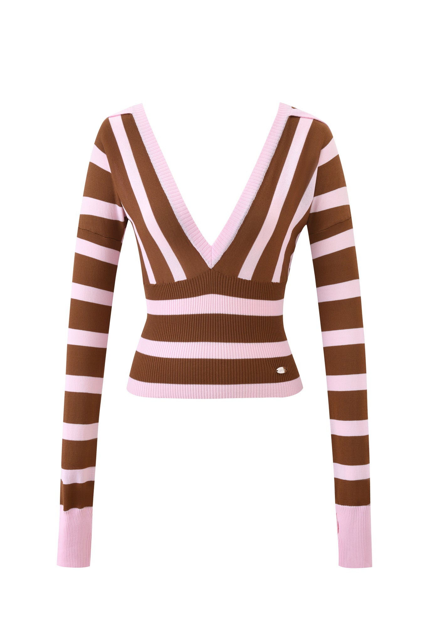 The I.AM.GIA SUZI SWEATER - PINK AND CHOCOLATE STRIPE is a fitted, cropped V-neck with long sleeves, wide pink and chocolate stripes, ribbed knit fabric, and a small round emblem near the hem.