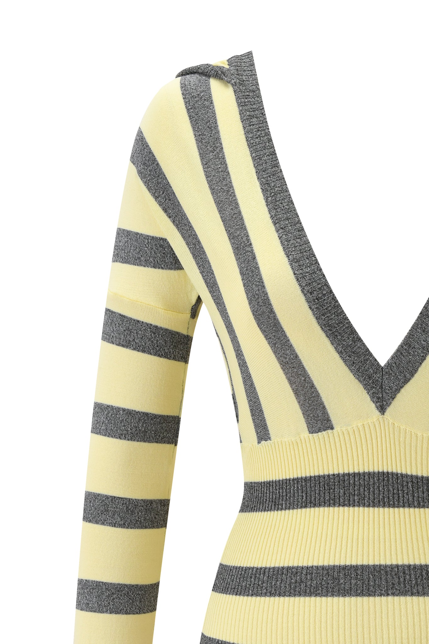 A close-up of the SUZI SWEATER - YELLOW AND GREY STRIPE by I.AM.GIA, featuring long sleeves, a deep V-neck, and ribbed waist detailing.
