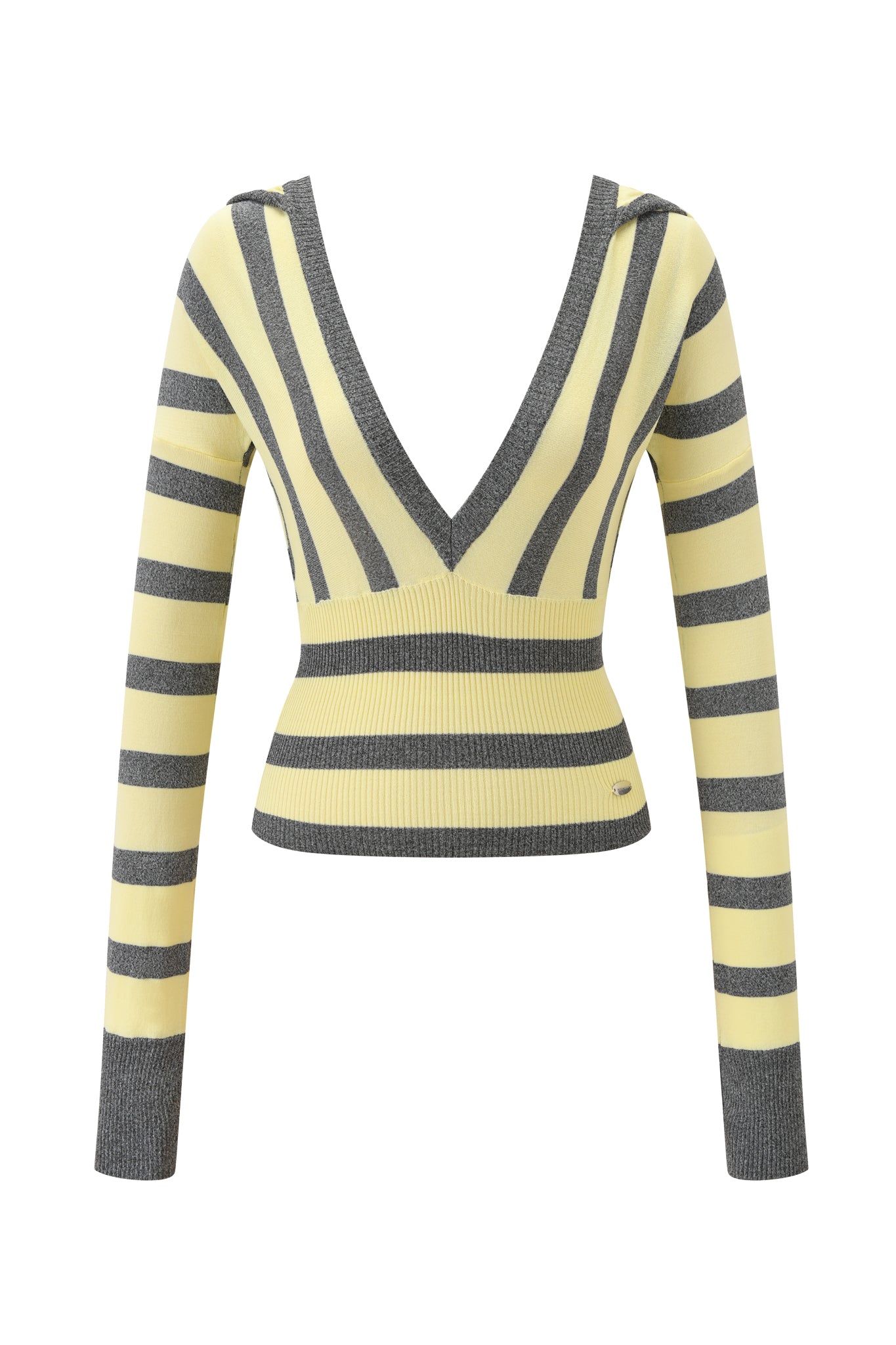 The SUZI SWEATER - YELLOW AND GREY STRIPE by I.AM.GIA is a long-sleeve, cropped knit with wide yellow and grey stripes, a deep V-neckline, and gray ribbed cuffs and hem.