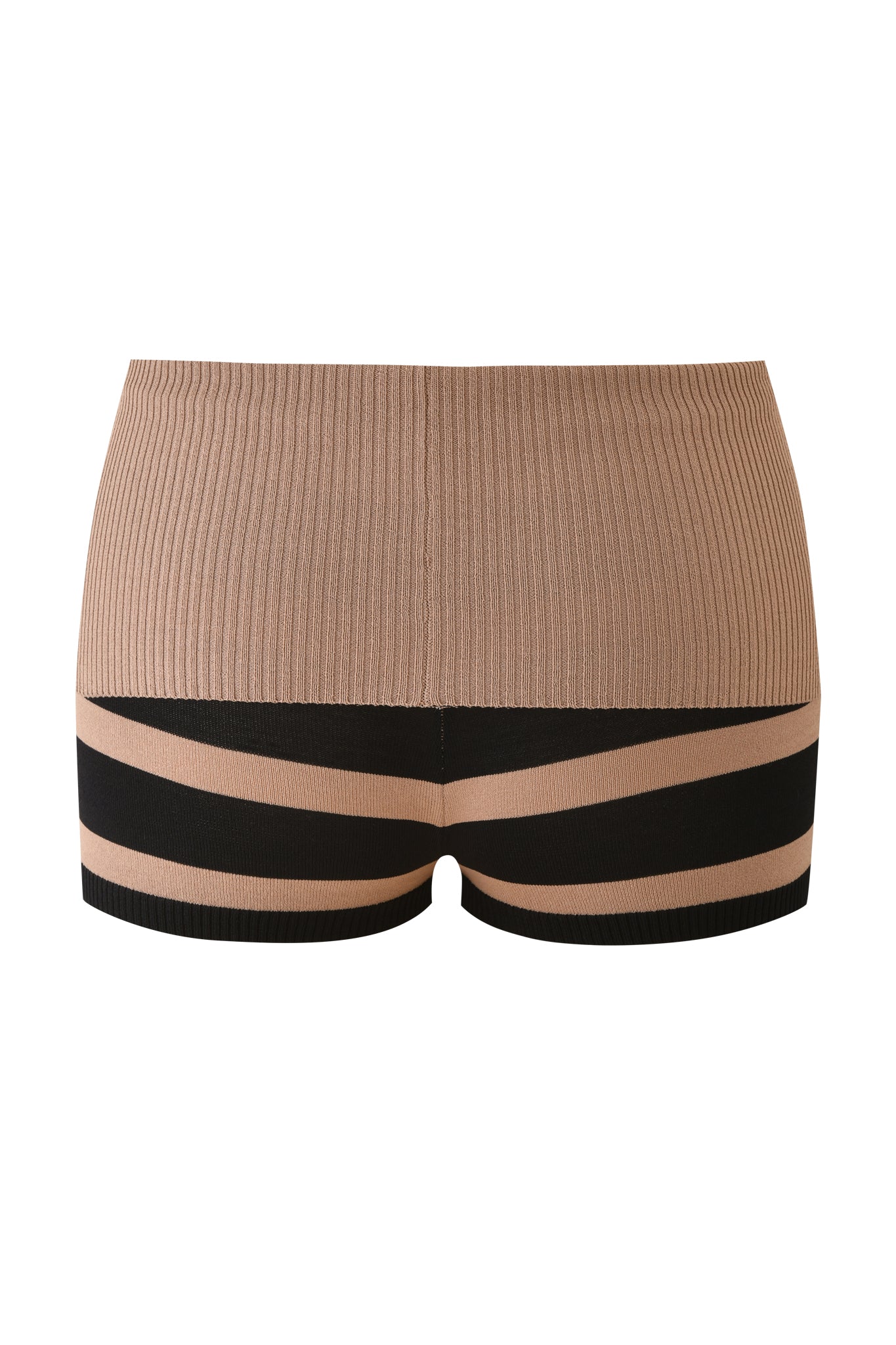 The I.AM.GIA SUZI SHORT in black and tan stripe features a seamless, form-fitting bodycon design with a high-waisted ribbed beige adjustable waistband. The micro mini knit style showcases bold stripes across the lower section.