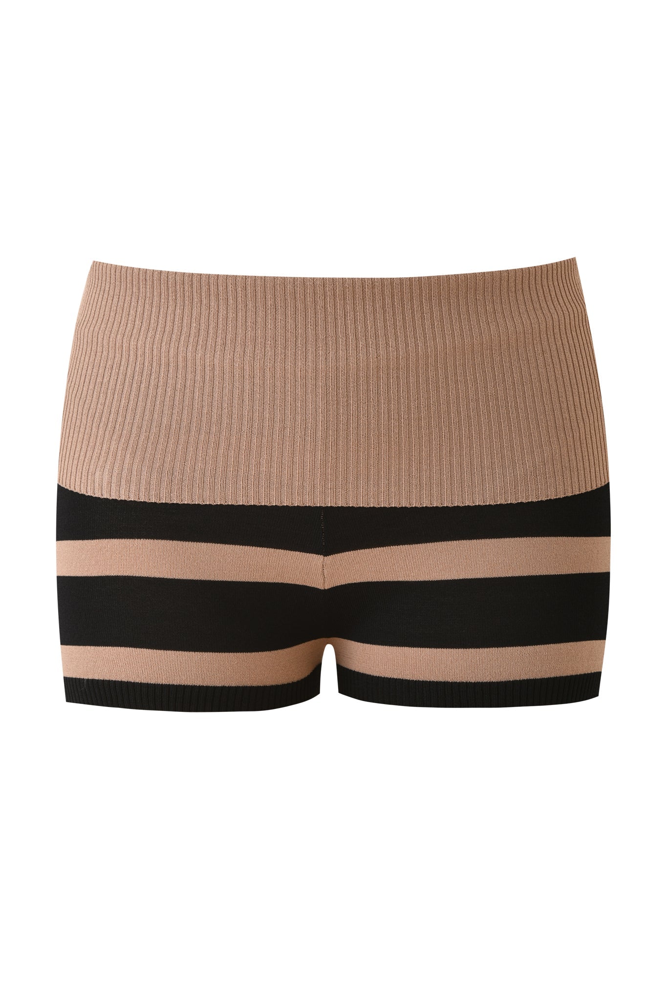 The SUZI SHORT by I.AM.GIA is a pair of black and tan striped hot shorts with a high-waisted, ribbed knit design and bold black stripes on the lower half, shown against a white background.
