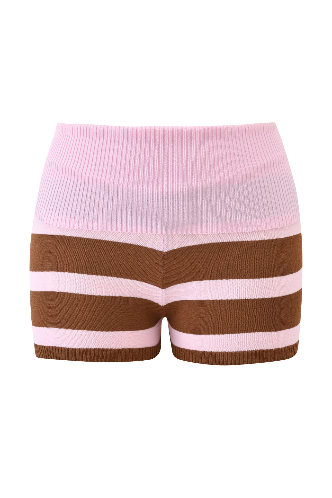 The I.AM.GIA SUZI SHORT - PINK AND CHOCOLATE STRIPE features high-waisted knit shorts with a ribbed, adjustable waistband and horizontal stripes, shown against a white background.