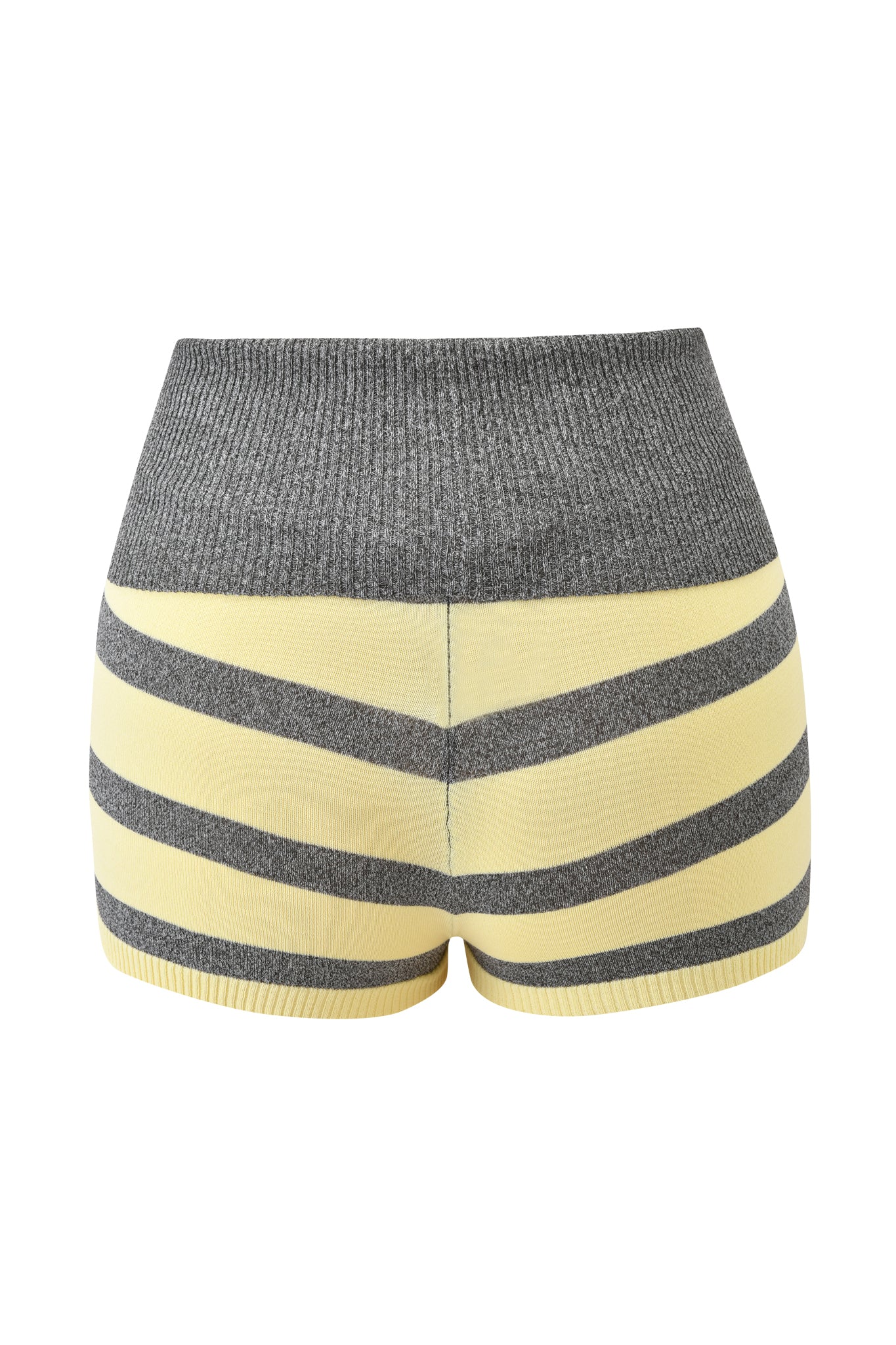 The I.AM.GIA SUZI SHORT - YELLOW AND GREY STRIPE features high-waisted knit design, a gray ribbed waistband, chevron stripes in yellow and gray, and an adjustable rise for a custom fit.