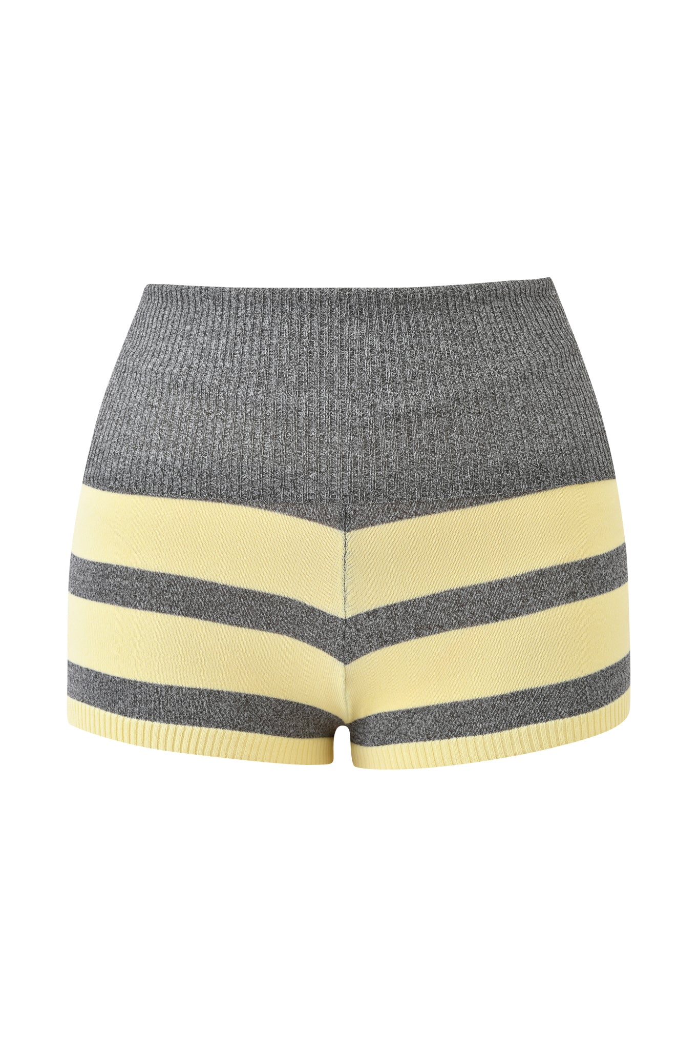 The SUZI SHORT - YELLOW AND GREY STRIPE by I.AM.GIA are high-waisted knit shorts with horizontal stripes, a ribbed waistband and leg openings, plus an adjustable rise for a perfect fit.