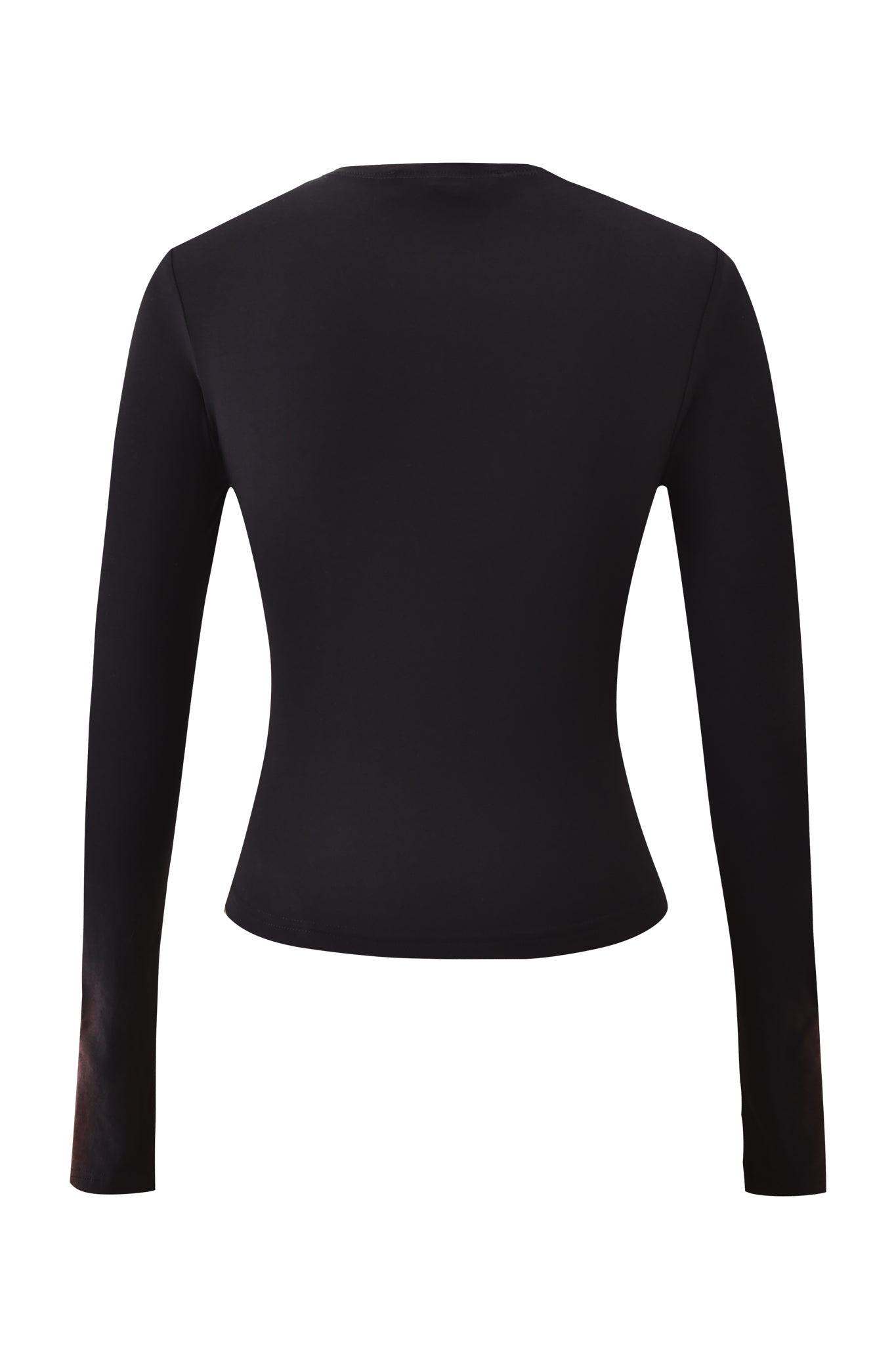 The DRAVEN TOP - BLACK by I.AM.GIA is a black, bodycon long sleeve top with a crew neckline, shown from the back against a white background. It features a sleek, minimal design with no visible patterns or embellishments.