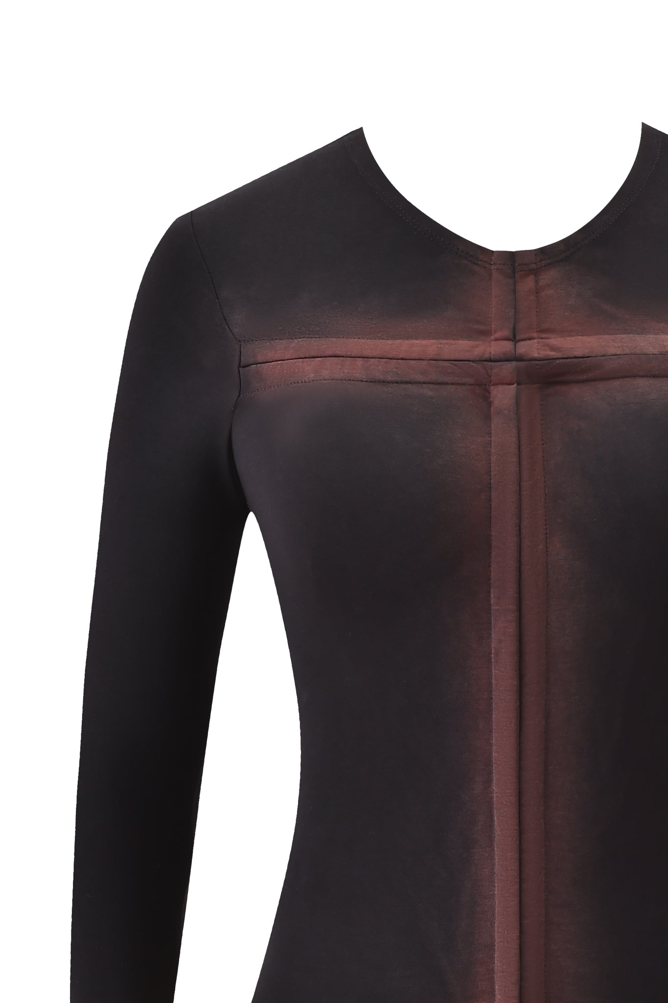 A close-up of the I.AM.GIA DRAVEN TOP in black, a bodycon long sleeve style with a round neckline and abstract reddish-brown vertical and horizontal painted lines on the front, set against a white background.