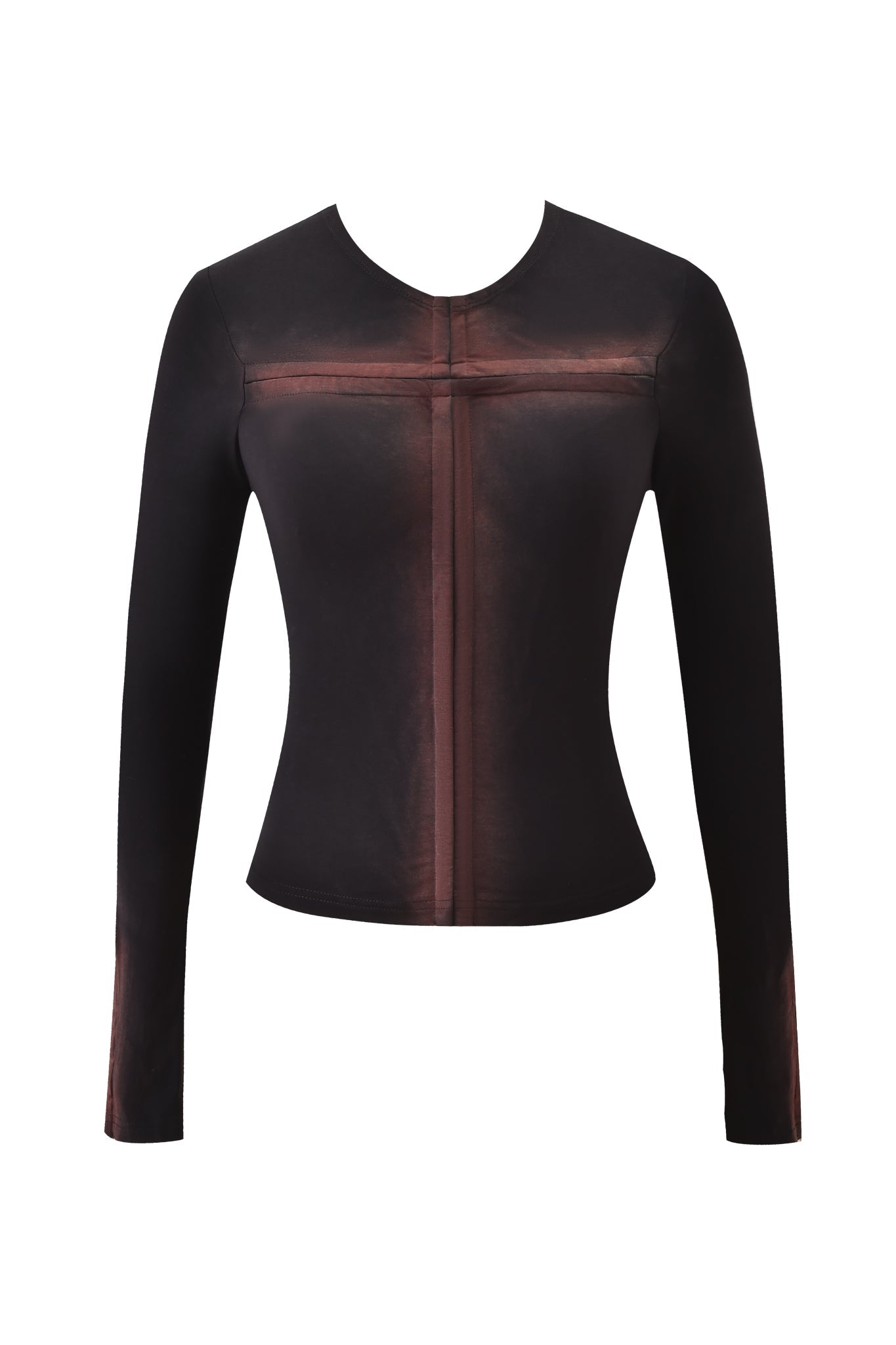 The DRAVEN TOP - BLACK by I.AM.GIA is a sleek bodycon long sleeve top with a round neckline, featuring subtle brown vertical and horizontal stripes in a cross pattern on the front.
