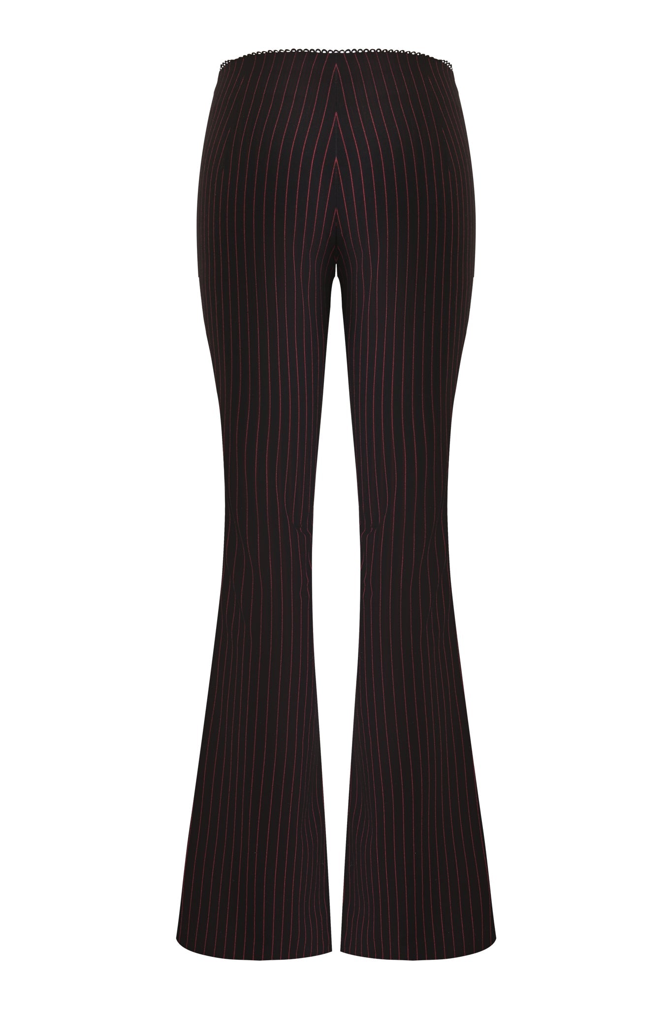 The I.AM.GIA RONAN PANT in black/red pinstripe features a high waist, flared straight leg, and vertical red stripes, shown from the back against a white background.