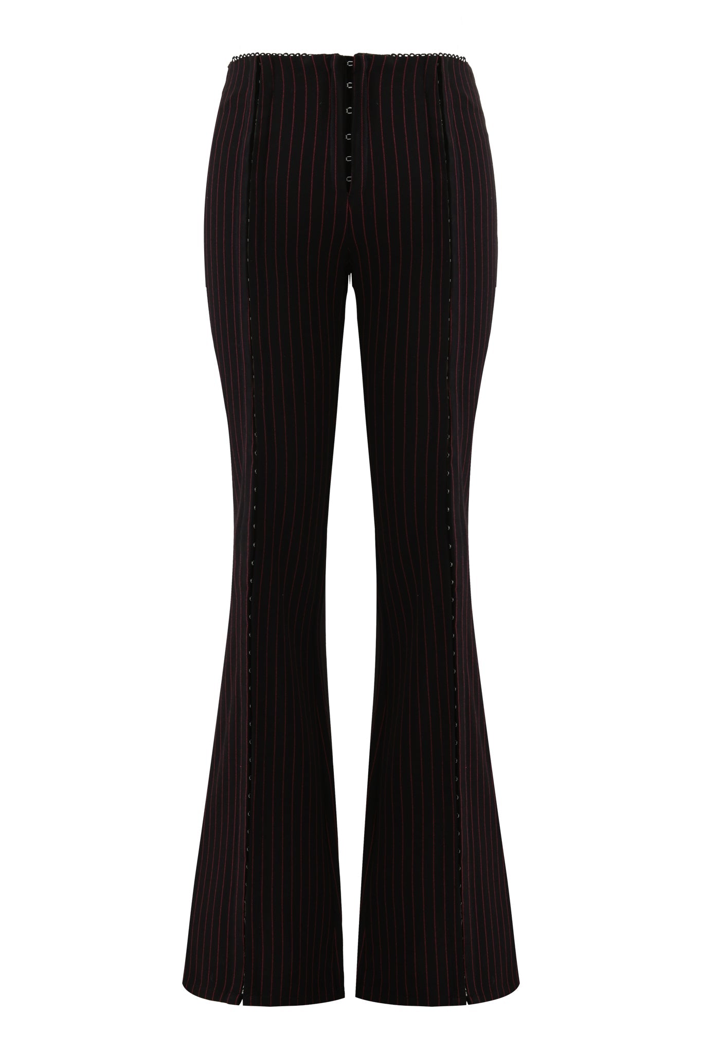 The I.AM.GIA RONAN PANT in black/red pinstripe features a low-rise waist, front button details, and subtle ankle slits. Thin vertical stripes enhance the flared silhouette. Displayed against a white background.