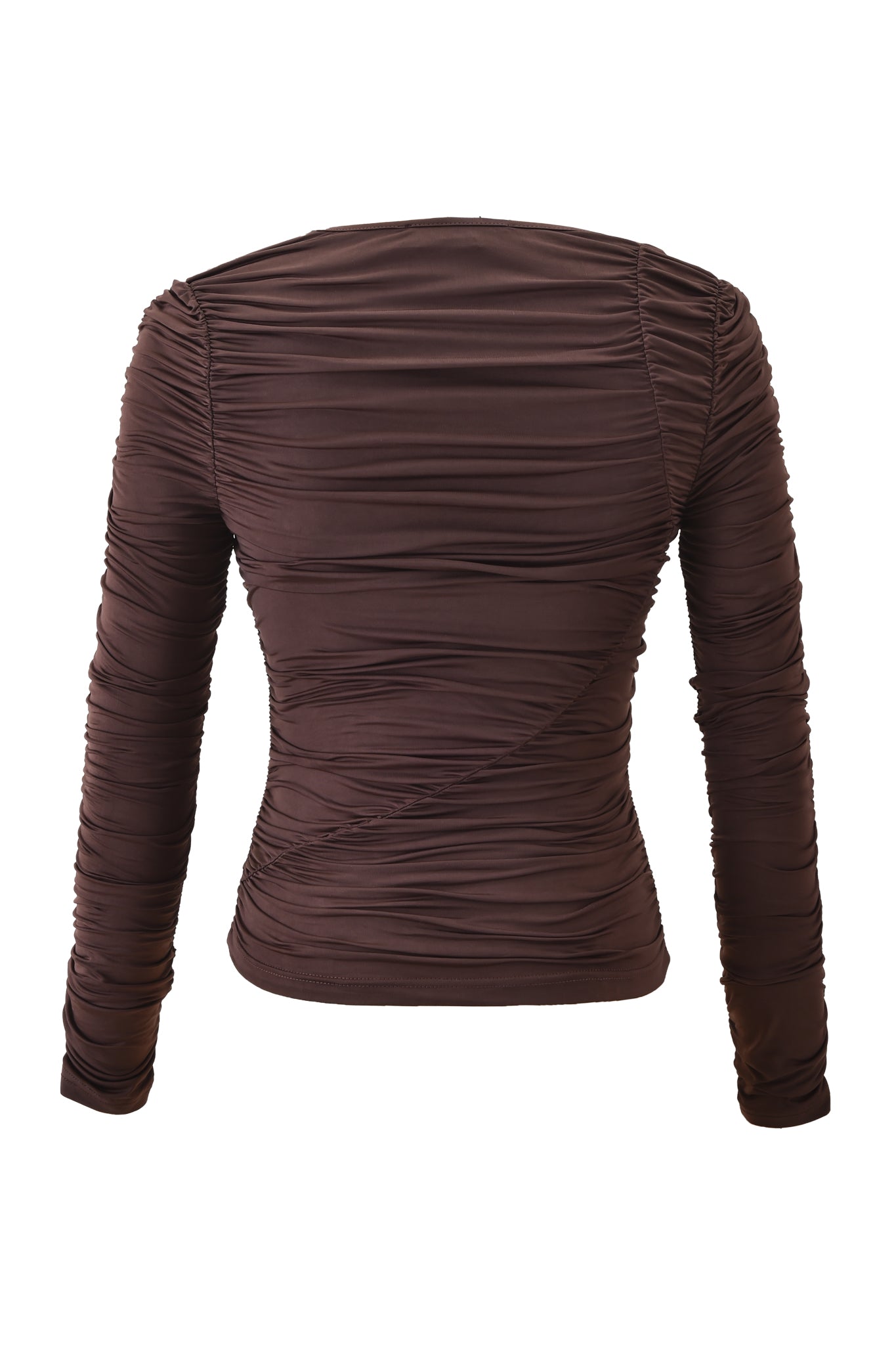 The I.AM.GIA CERISE TOP - CHOCOLATE is a fitted, slinky brown jersey long sleeve top with elegant ruching, shown from the back against a white background.