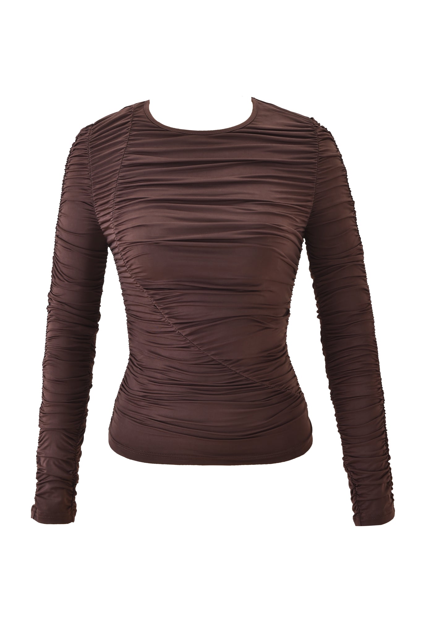 The CERISE TOP - CHOCOLATE by I.AM.GIA is a brown, ruched, long-sleeve bodycon top with a crew neckline and slinky jersey fabric, shown on a plain white background.