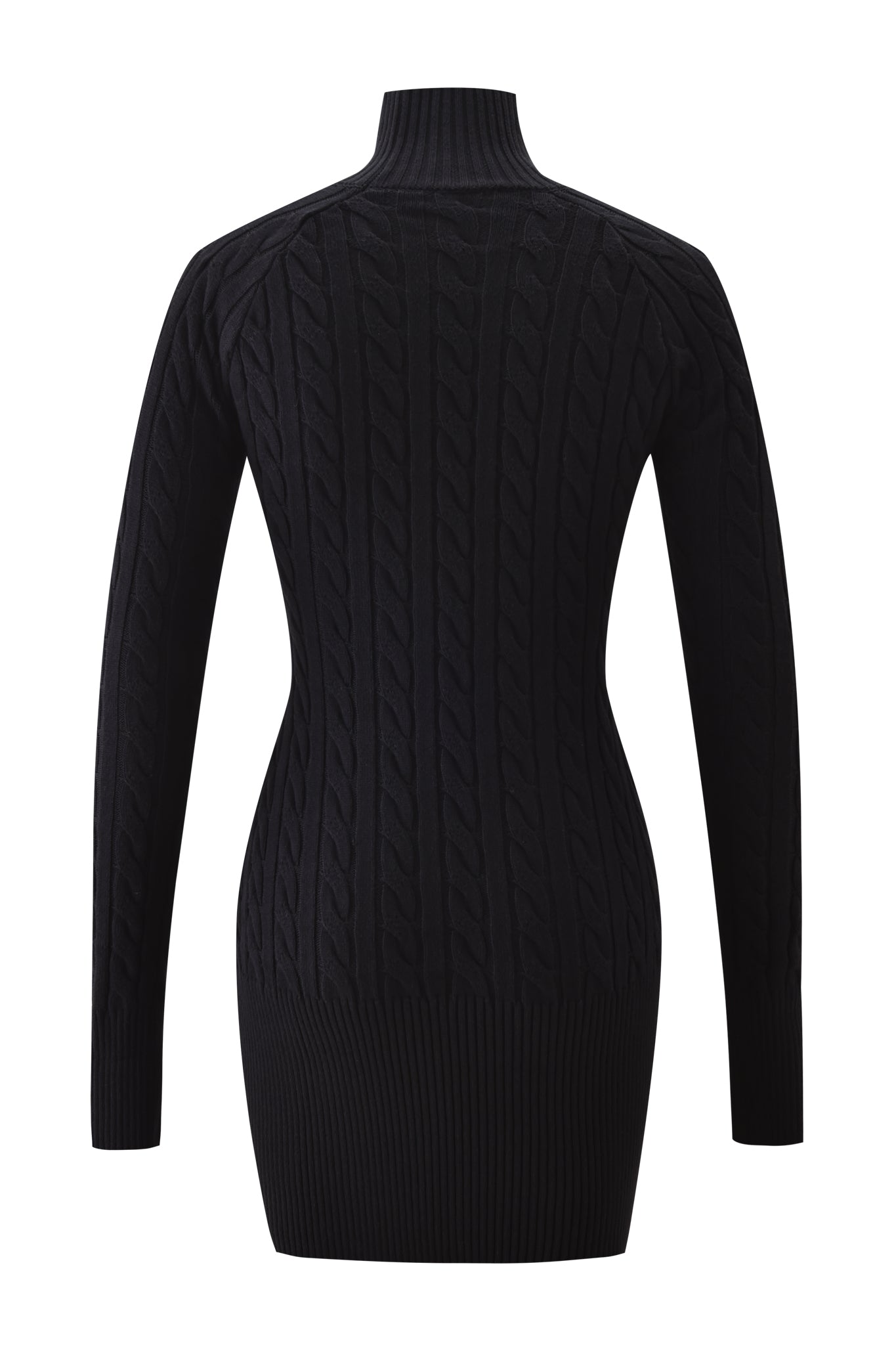 The I.AM.GIA CORTINA MINI DRESS in black features long sleeves, a cable knit design, and a high ribbed turtleneck, shown from the back on a white background.