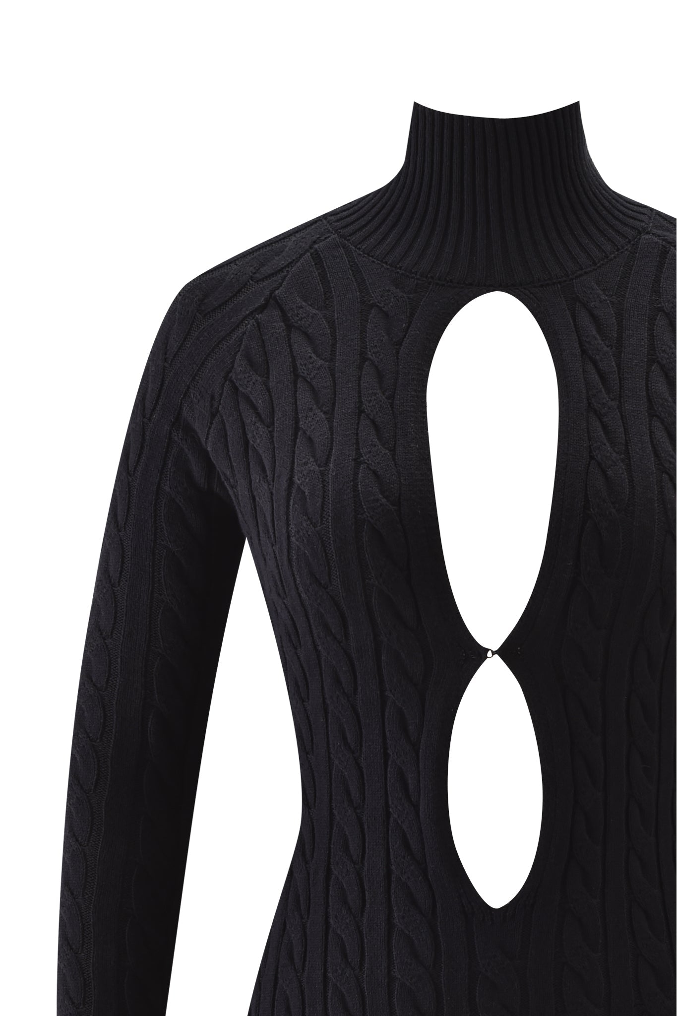The I.AM.GIA CORTINA MINI DRESS in black features long sleeves, a high ribbed neck, a cable knit pattern, and two front oval keyhole cutouts joined by a small fastener.