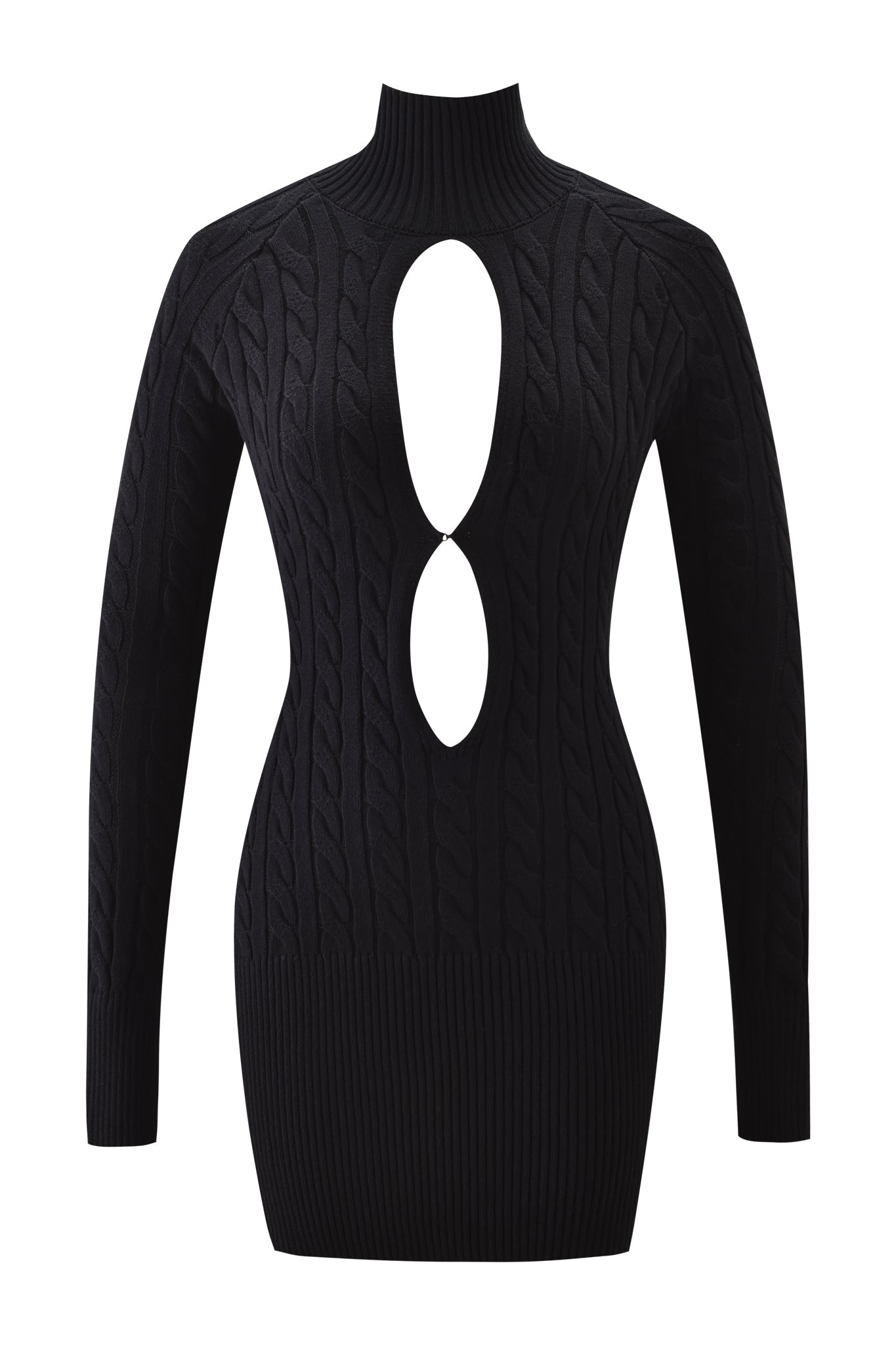 The CORTINA MINI DRESS - BLACK by I.AM.GIA features a cable knit design, long sleeves, high neckline, and two front oval keyhole cutouts for a bold, stylish look.