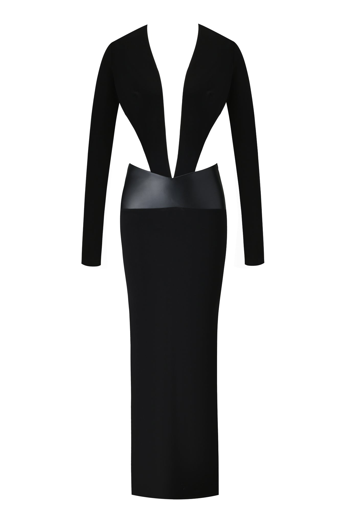 The CARMINA MAXI DRESS - BLACK by I.AM.GIA features a plunging neckline, bodycon fit, and wide faux leather waistband. Its long, straight skirt creates an elegant silhouette below the knees.