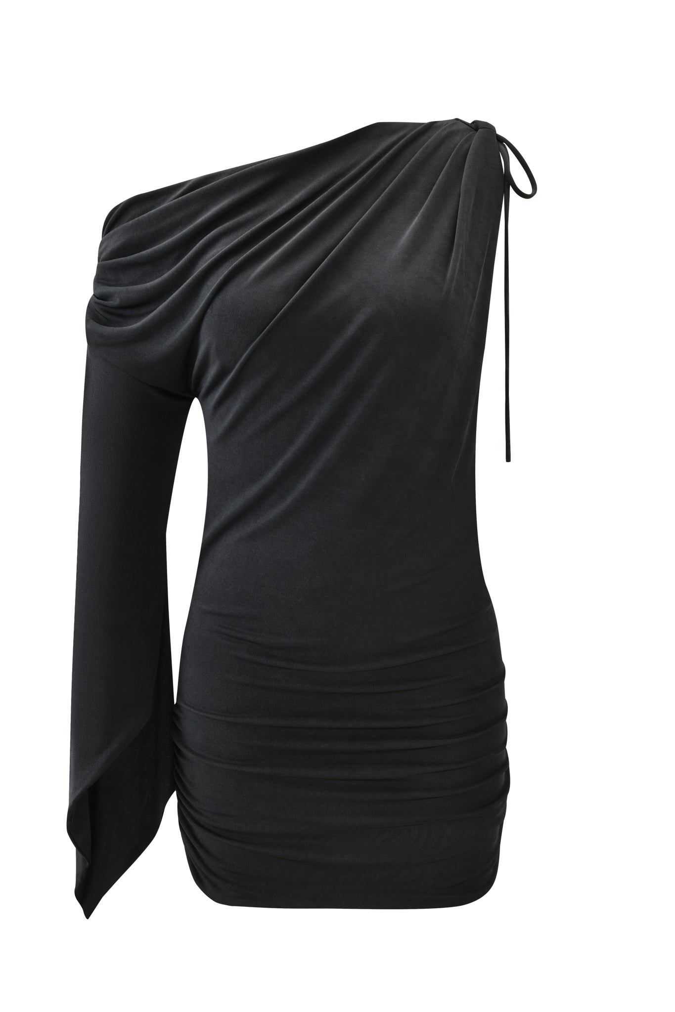 The JOLIE MINI DRESS by I.AM.GIA in Steel is a chic, asymmetrical mini with one long sleeve, draped top, gathered waist and hip, plus a thin shoulder tie for a fitted, stylish finish.