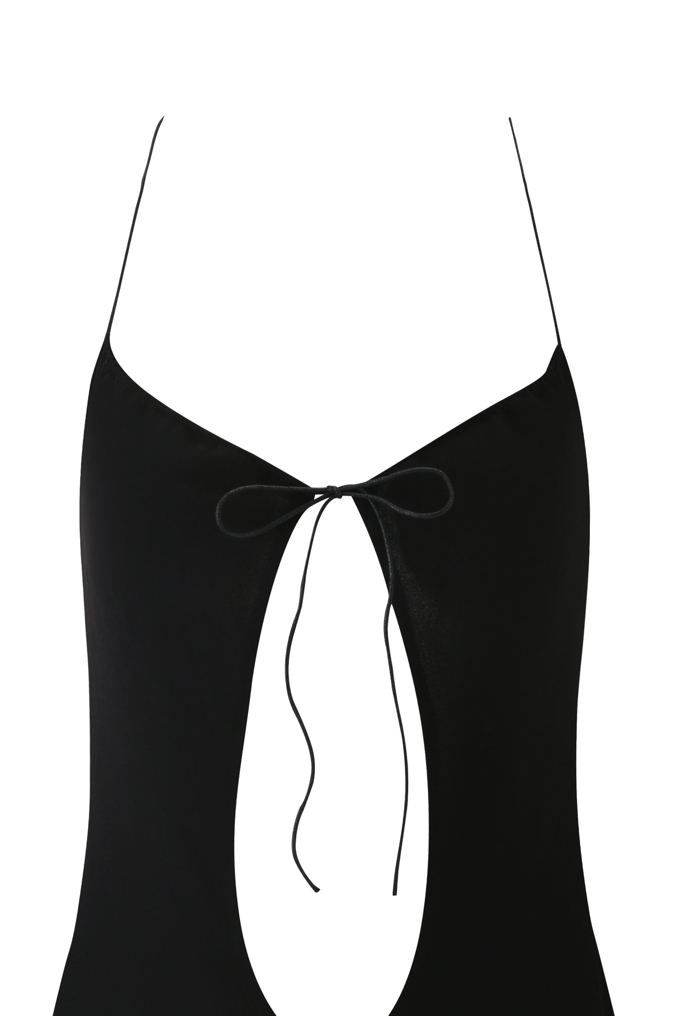 The ELODIE MINI DRESS in black by I.AM.GIA features thin shoulder straps, a front keyhole cutout, and a center bow tie, capturing the chic elegance of a cut-out dress.