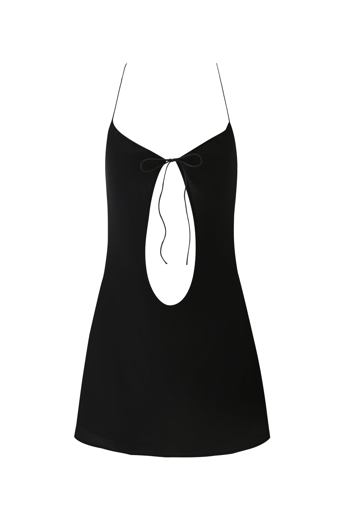The ELODIE MINI DRESS - BLACK by I.AM.GIA features a sleeveless halter design, thin spaghetti straps, deep oval front cutout, and a small bow tie at the neckline. This chic georgette dress is shown on a plain white background.